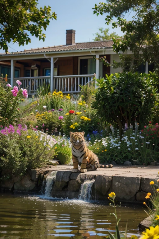 tiger cub among the flowers at noon near the water