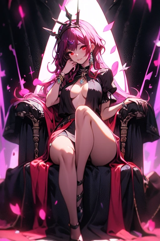 ((best quality)), ((masterpiece)), (detailed), perfect face, perfect body, ((detailed red eyes)), purple curly long hair with tiara, Goddess Dress, full body ,luminous red rose petals dropping ,throne in the dark abyss with sparkle lights background , open legs no bra
