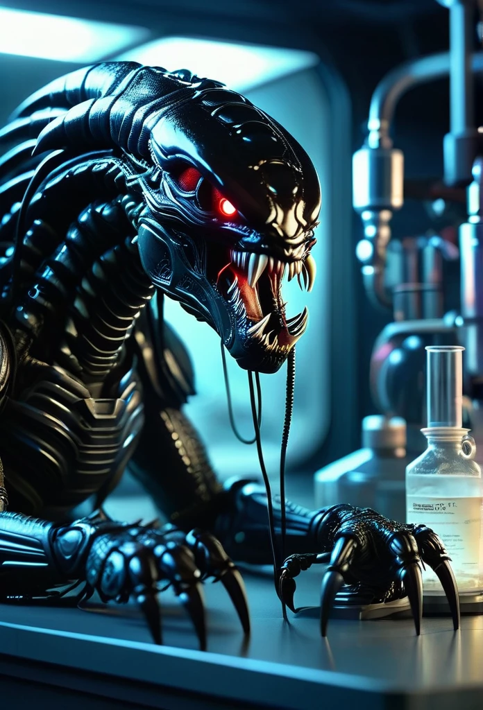 An eerie image of a Cybernetic Organism fusion of ((Venom)), (Vampire) , [Xenomorph] and (((Yautja Predator))) made by a genius Mad Scientist for hisnown fun, with an aesthetic, minimalist and clean Mad Scientist Lab background and other research objects, soft bright illuminated lighting, insanely detailed and intricate,  realistic style, cinematically taken by Hasseblad camera by Professional Photograper in Annie Leibovitz photography style, ultra sharp focus, masterpiece