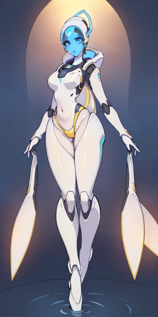 1girl, white skin, light skin, smile, light smile, blonde hair, short hair, blue eyes, large breasts, breasts, wide hips, white bodysuit, white clothes, black pantyhose, bodysuit, sleeves, short sleeves, pantyhose, futuristic, science-fiction, neon trim, neon, full_body, ((full body)), standing,