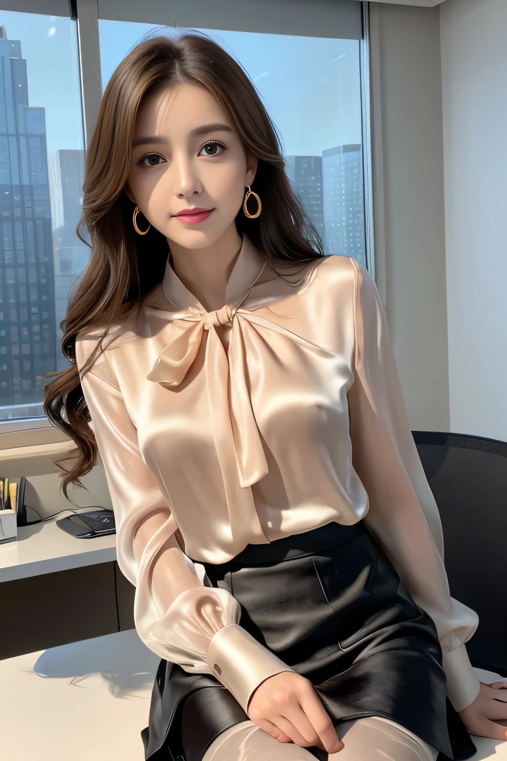 Uruchan-6500-v1.1, (RAW Photos:1.2), (Photorealistic), (See-through:1.3), (Genuine:1.4), 1With a girl、Age 25、game_Hmph, Big Eye(eye), A shy smile、Brown medium-long hair、Curly Hair、pretty girl、(Elegant silk blouse:1.3), (Ultra-realistic pantyhose:1.2), (mini skirt:1.2), sit in an office and work at a desk、Realistic skin texture、Shiny skin、Big earrings、Thin lips