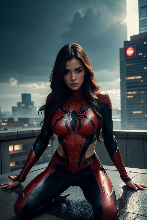 (1girl:1.3), Solo, (((Very detailed face)))), ((Very detailed eyes and face)))), Beautiful detail eyes, big tits, large boob, perfect body, huge tits, Official art, Unified 8k wallpaper, Super detailed, beautiful and beautiful, beautiful, masterpiece, best quality, original, masterpiece, super fine photo, best quality, super high resolution, realistic realism, sunlight, full body portrait, amazing beauty, dynamic pose, delicate face, vibrant eyes, (from the front), She wears Spider-Man suit, red and black color scheme, spider, very detailed city roof background, rooftop, overlooking the city, detailed face, detailed complex busy background, messy, gorgeous, milky white, highly detailed skin, realistic skin details, visible pores, clear focus, volumetric fog, 8k uhd, DSLR, high quality, film grain, fair skin, photo realism, lomography, futuristic dystopian megalopolis, translucent