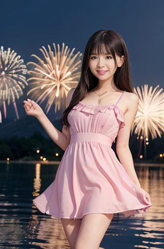 best quality, detailed, beautiful, insanely detailed, absurdres,perfect anatomy,
Japanese female,black hair,27 years old,
(slender),
(small breasts best quality),
full body shot, sky, lake, delightful, cheerful grin, jumping, long hair, (pink dress:1.2), japanese, with fireworks, at night, front view, low angle shot, impressive panoramas, darkness