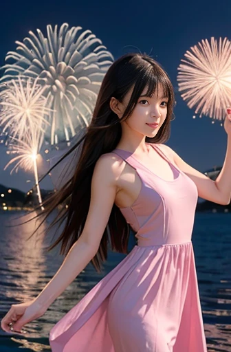 best quality, detailed, beautiful, insanely detailed, absurdres,perfect anatomy,
Japanese female,black hair,27 years old,
(slender),
(small breasts best quality),
full body shot, sky, lake, delightful, cheerful grin, jumping, long hair, (pink dress:1.2), japanese, with fireworks, at night, front view, low angle shot, impressive panoramas, darkness