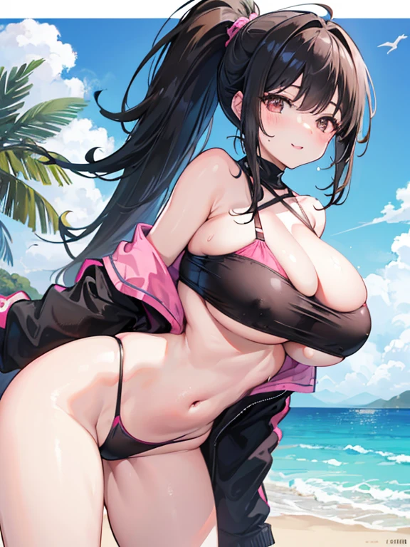 1 woman,black hair,brown eye,long low ponytail hair,swept bangs,gigantic breasts,smile,parted lips,pink plunging swimwear,standing,from behind,open legs,sweat,beach side,