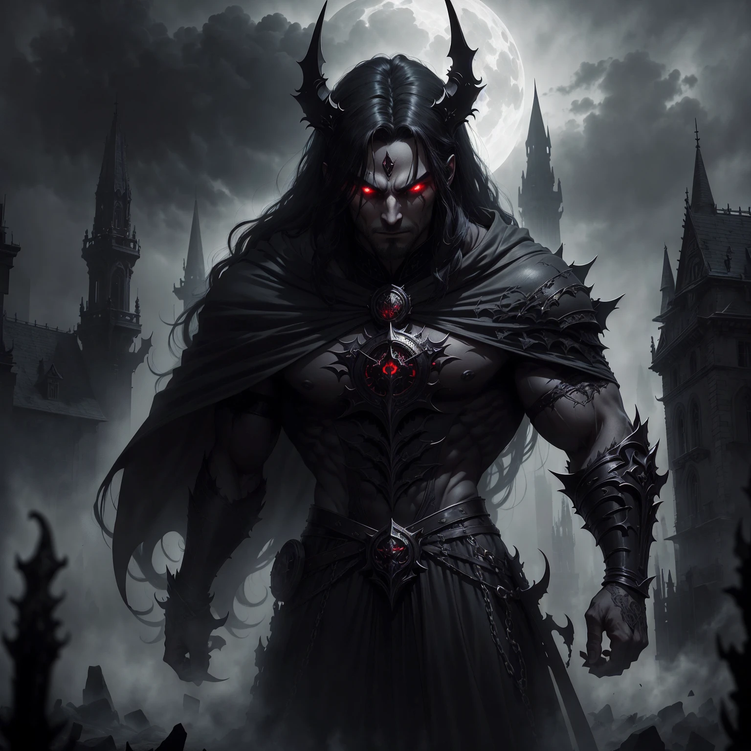 a dark muscular male evil lord, long flowing black hair, black and red cloak, piercing red eyes, menacing expression, powerful aura, standing in a dimly lit chamber,, casting eerie shadows, , adorned with intricate details, with a sinister grin, exuding an aura of darkness, with an intimidating presence, in a gothic castle, with imposing architecture, shrouded in mist, under a blood-red moon, with a storm brewing in the background, creating a foreboding atmosphere, reminiscent of a dark fantasy novel cover, with a dramatic lighting, emphasizing the contrast between light and shadow, evoking a sense of mystery and danger, with a touch of supernatural elements and captivating artistry."