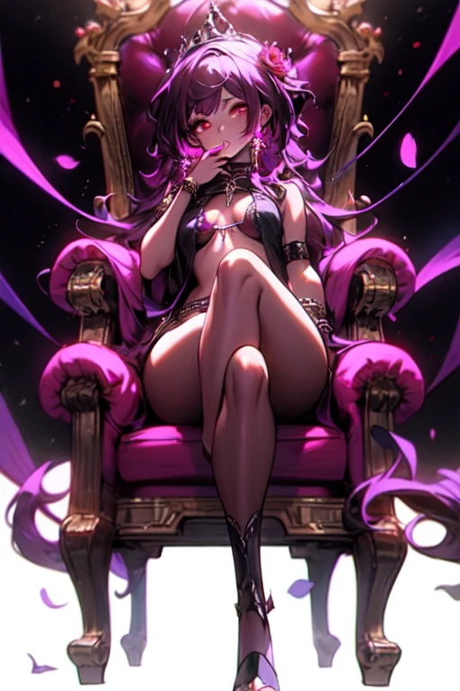 ((best quality)), ((masterpiece)), (detailed), perfect face, perfect body, ((detailed red eyes)), purple curly long hair with tiara, Goddess armor , full body ,luminous red rose petals dropping ,throne in the dark abyss with sparkle lights background , open legs no bra , rose thorn vines