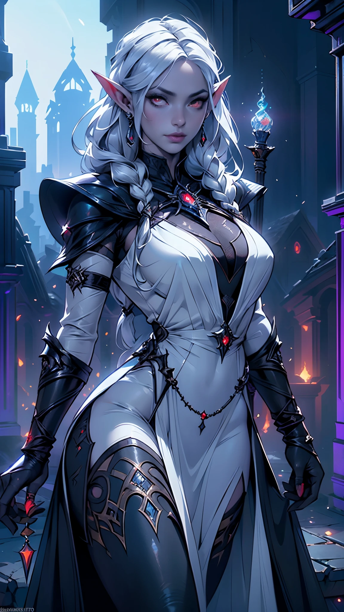 1SOLOfemale Drow elf purple skin, Full body, masterpiece, female standing pose (yellow tiger bikini) red cape, red bikini, long white hair, strong body, abs, shiny skin, sunglasses, FEMALE, big breasts, voluminous breasts, curvy breasts, mesh stockings, standing with a bouquet (red roses) full height, bottom view, best quality, very detailed, ultra 8k resolution, huge breast, coat , vest, long skirt, portrait, full body, Victoria's clothing, long dress, knight, pants, black skin suit, medieval city, plants, vest, polo shirt, forest, long skirt