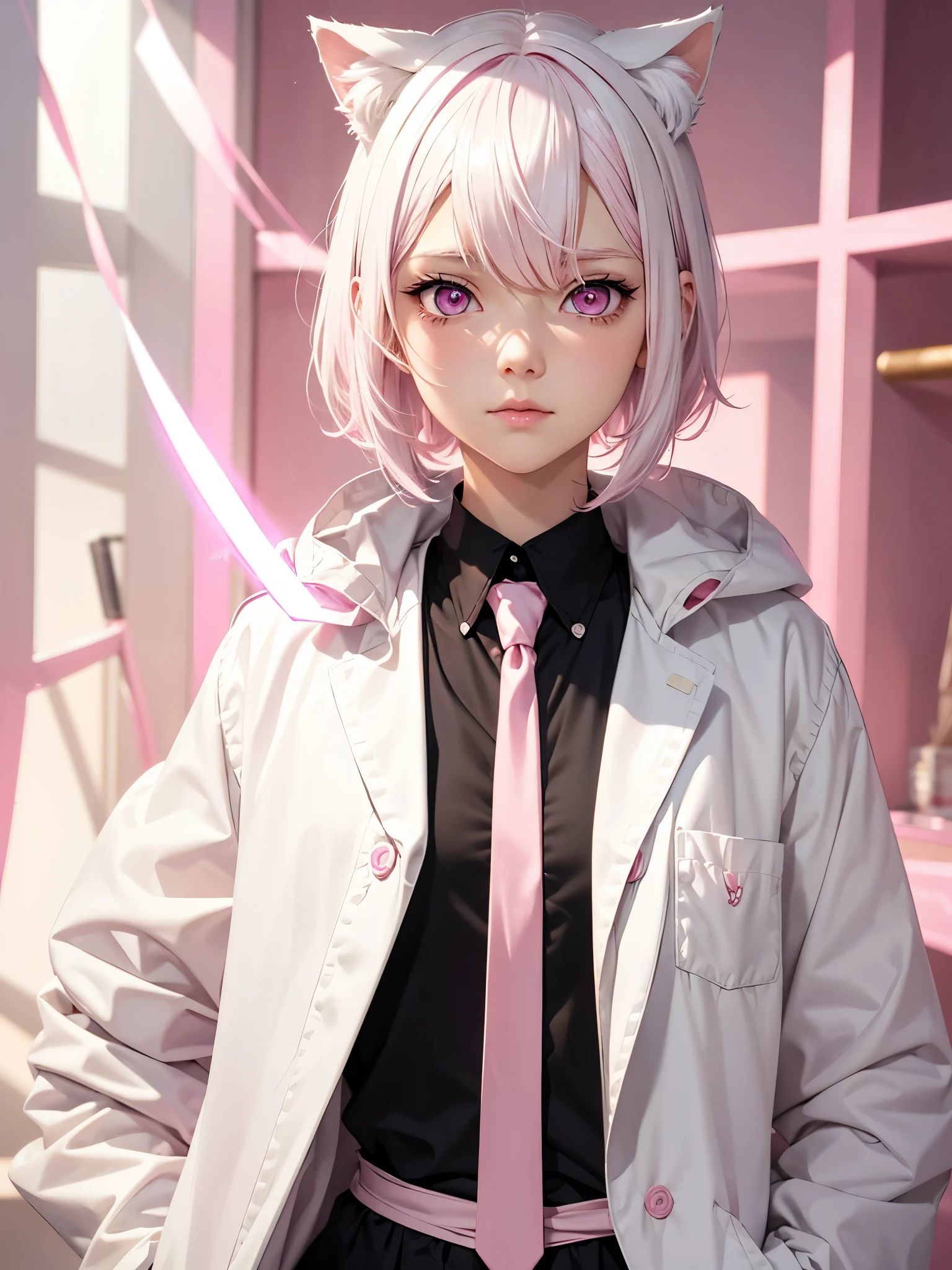 White hair. Short hair. Inner pink hair. Anime girl. Pink eyes. Glowing eyes. Nekomimi. Black clothes. White coat. Pink tie. Bandage hand. Bedroom.