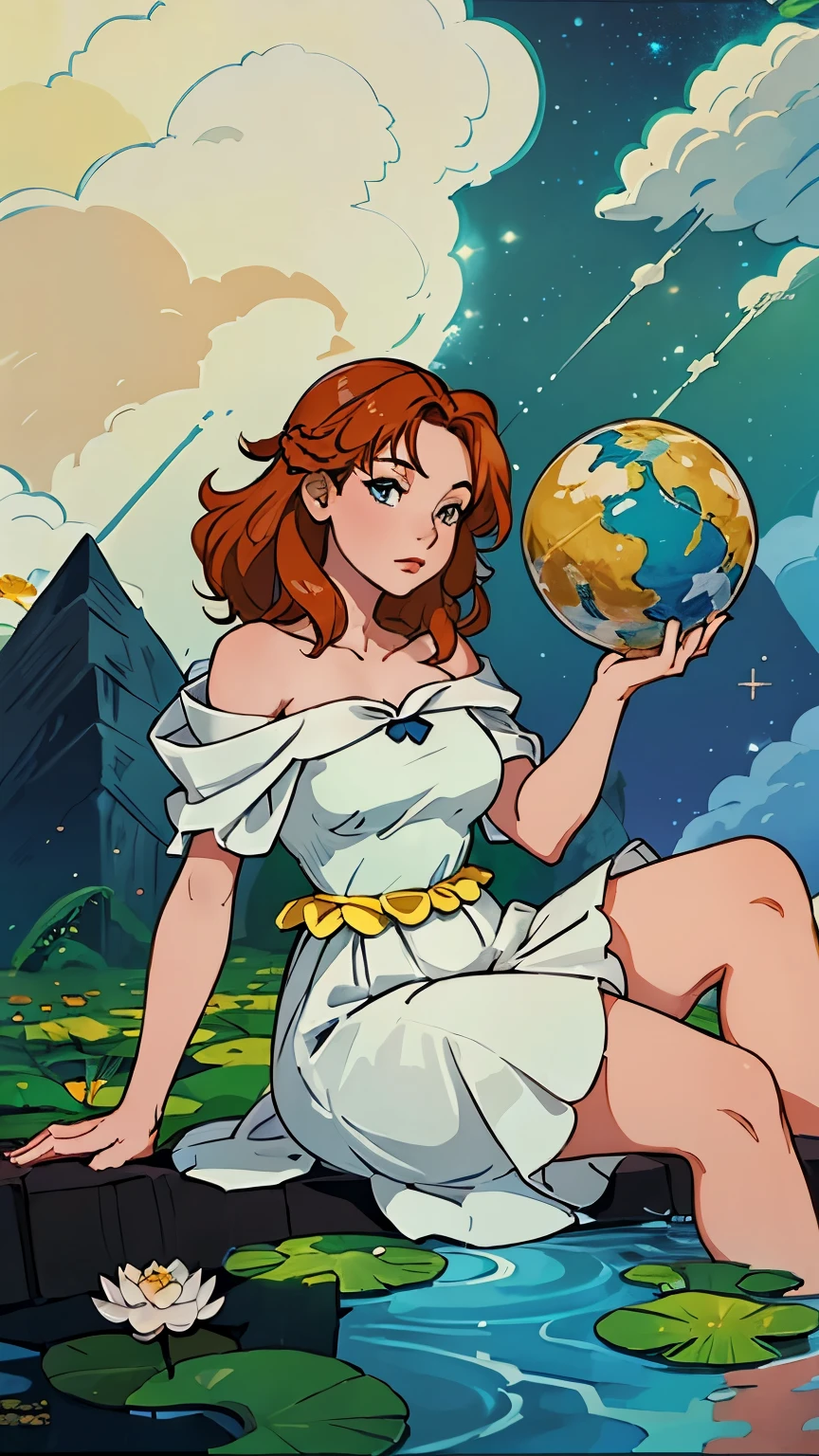 Korean woman, age 29, holding a large globe, ((Sitting in a clear river with many lotus flowers)), ((big star)), Lotus flowers in the stream, ((Sky background with a big globe.)), Clip-in hairstyle, ((Roman frame)), Rainbow off-the-shoulder dress, starry upper tribute, ((On the back there is a large globe on the head.)), clear earth and clouds, cloud frame, Beautiful hands, ((animal head four corners picture)), 