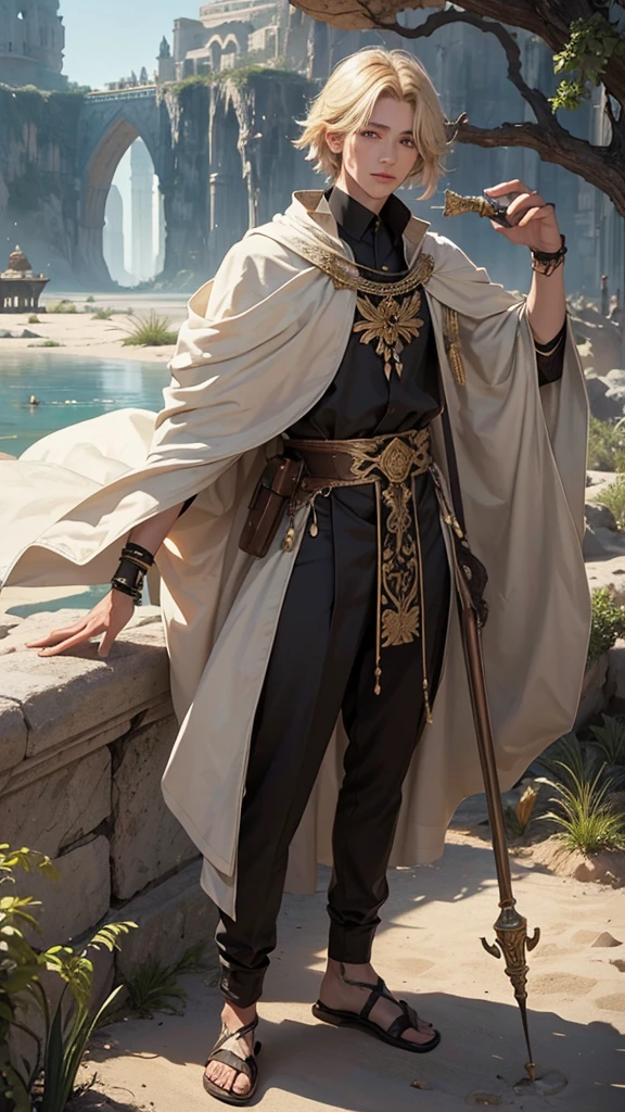 Young man, effeminate face, sorcerer, short light-blond hair, freckles, large black eyes, brown skin,
Japanese , oriental, desert, marble castle, detailed face, detailed eyes, detailed hair, greenery, water magic,
full body, desert greenery, desert plant, wind, magic wand, Arab city.