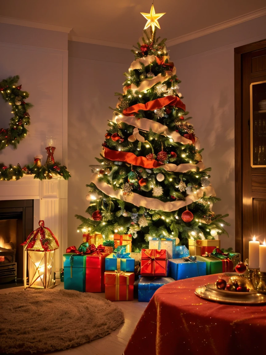 (最high quality, 8k, High resolution, masterpiece:1.2), Super detailed, (Actual, Realistically:1.37), Vibrant colors, Magical atmosphere, Whimsical, ((Star-filled sky,the north star shines)),(((Use illustration styles), The room is decorated in a Christmas style.. The walls are decorated with glowing colorful lights, Christmas wreath and small snowman on the window sill, A beautifully decorated Christmas tree stands in the corner of the room.. On the table, There is beautiful cutlery and red plates.. In the center of the table, Enjoy a sumptuous Christmas feast, Next to it is a bottle of red wine and two beautiful wine glasses. (((A couple dressed in Christmas costumes are embracing each other))), look at each other with a smile,Eyes filled with happiness and warmth. There are several scented candles lit in the room., There is a faint fragrance. warm fire burning in the fireplace, Brings warmth and comfort to the entire room, Surreal, psychedelic, Intricate details, Beautiful texture, Mysterious, dream-like, Soft glowing light, Attractive patterns, Fantasy creatures, hidden surprise, dream-like風景, Surreal color palette, Mysterious Aura, Ultra-realistic, An enchanting journey, psychedelicな旅, vivid imagination, Immersive Experience, Mysterious Christmas, Otherworldly charm, Luminous Path, Light up a magical Christmas, Surrealな空, Whimsical themed festivals, magical encounter, attractive artwork,(Ghibli-style colors, First Person View, Hyper HD, masterpiece, Acura, Anatomically correct, Textured Skin, Super Detail, High detail, high quality, Awards, 最high quality at best, 8k)