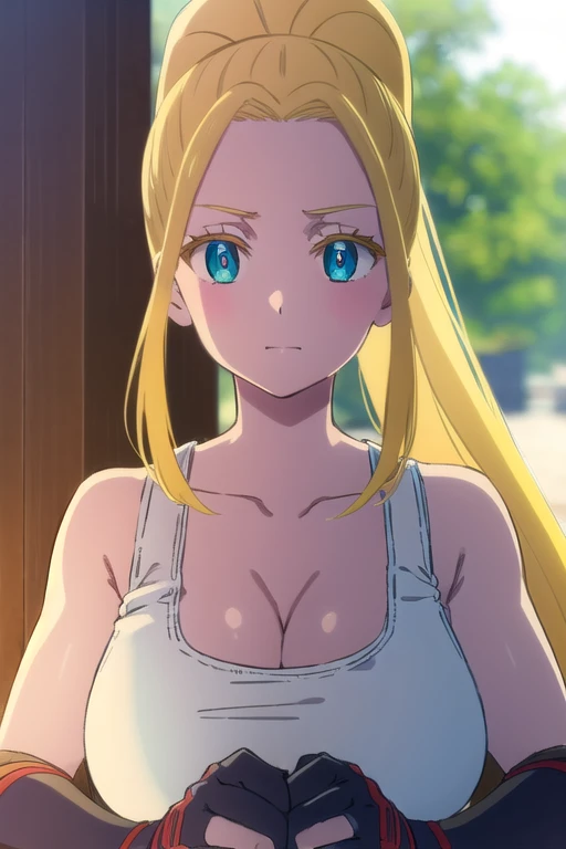 beatrixamerhauser, beatrix amerhauser, long hair, blue eyes, blonde hair, gloves, ponytail, (medium :1.2),
BREAK gloves, fingerless gloves, armor, japanese armor, tank top, white tank top, cleavaarbone,
BREAK looking at viewer,
BREAK outdoors,
BREAK (masterpiece:1.2), best quality, high resolution, unity 8k wallpaper, (illustration:0.8), (beautiful detailed eyes:1.6), extremely detailed face, perfect lighting, extremely detailed CG, (perfect hands, perfect anatomy),