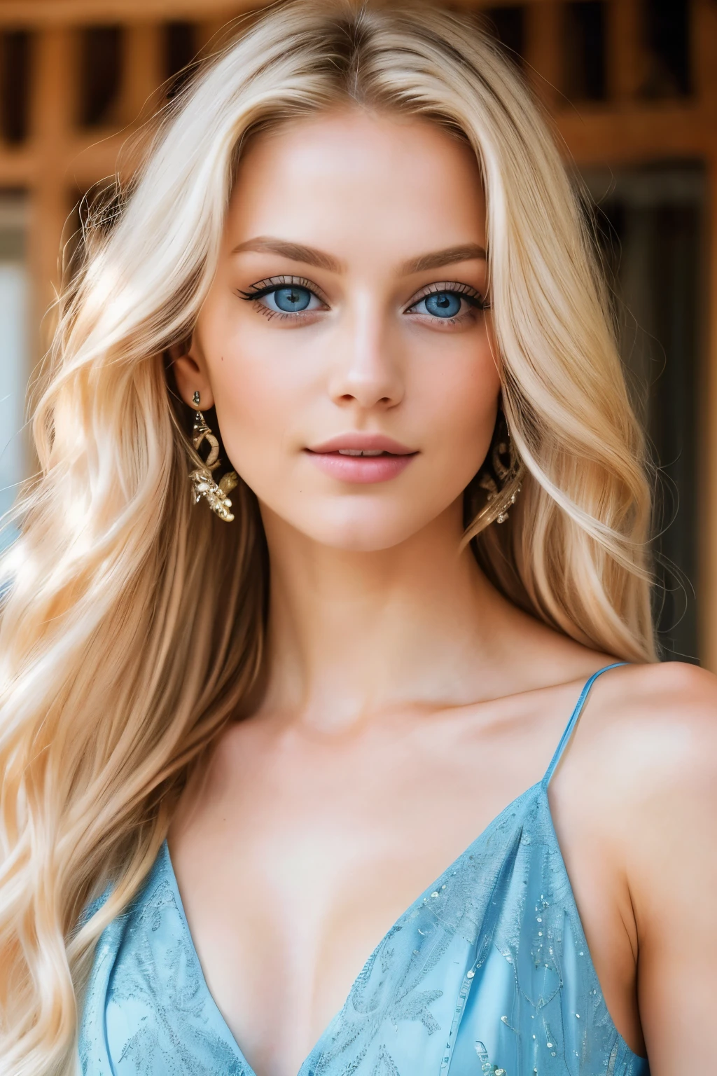 A blonde woman, around 25 years old, solo, with long, wavy locks framing her pretty face, gazes intently at the viewer. Her bare shoulders are adorned with delicate jewels, adding to her allure. She wears a sleeveless blouse, revealing a hint of cleavage, and her blue eyes sparkle with intelligence and warmth. The details of her realistic features are captured with ultra-high definition, from the texture of her skin and pores to the fine hairs on her arms. Her expression is inviting and captivating, making for a mesmerizing image.