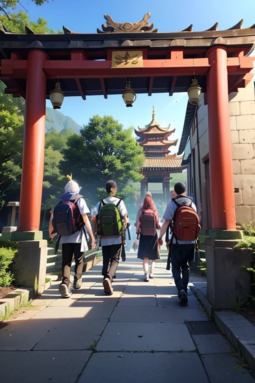 Group of young fighters wearing bags and backpacks are walking towards an entrance of a sacred fighter temple , Many ornamental plants and flowers decorate and make the environment spectacular.