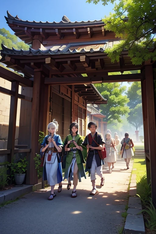 Group of young fighters wearing bags and backpacks are walking towards an entrance of a sacred fighter temple , Many ornamental plants and flowers decorate and make the environment spectacular.