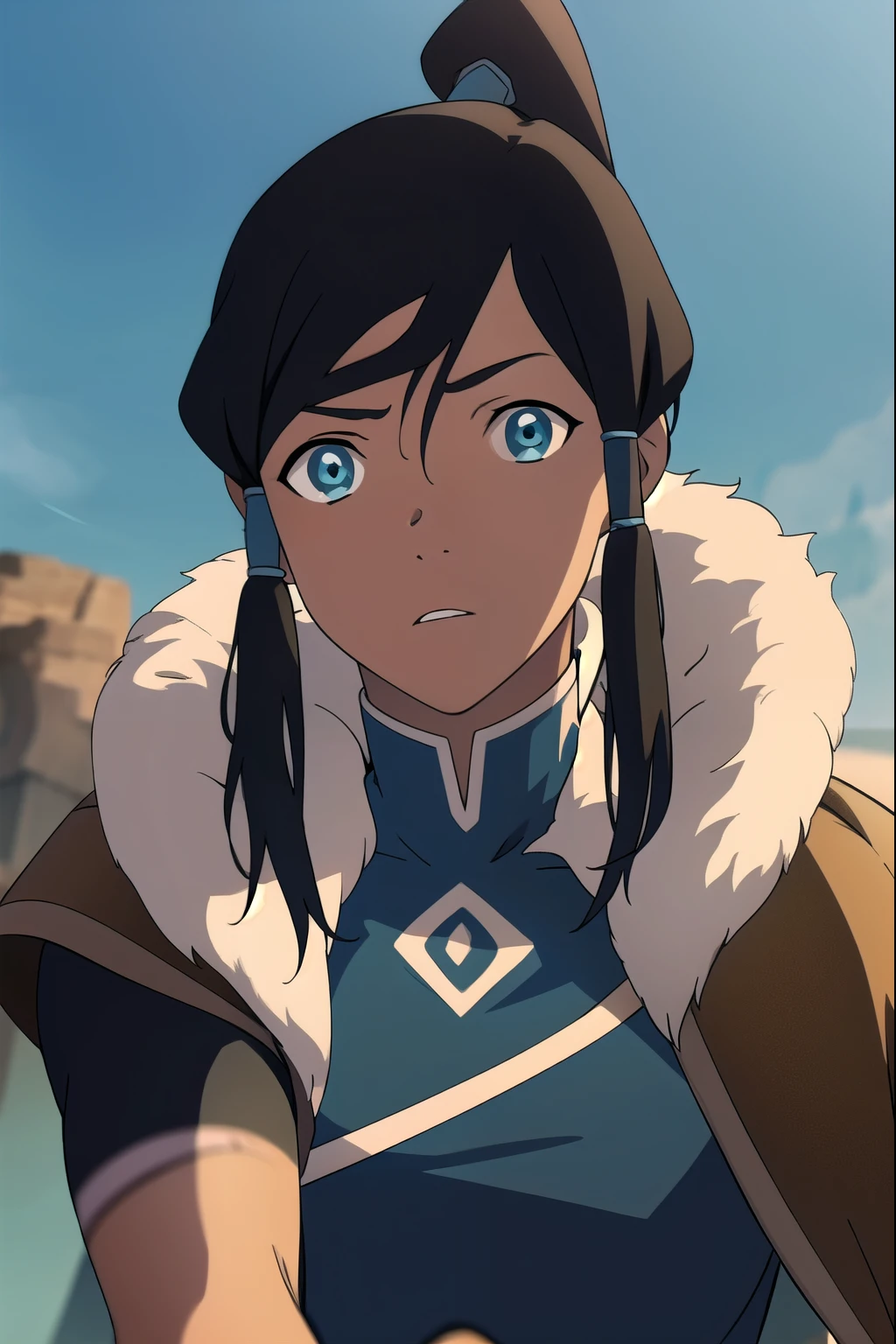 avatarkorra, korra, long hair, black hair, ponytail, dark skin, dark-skinned female, topknot,
BREAK ,
BREAK looking at viewer,
BREAK outdoors,
BREAK (masterpiece:1.2), best quality, high resolution, unity 8k wallpaper, (illustration:0.8), (beautiful detailed eyes:1.6), extremely detailed face, perfect lighting, extremely detailed CG, (perfect hands, perfect anatomy),