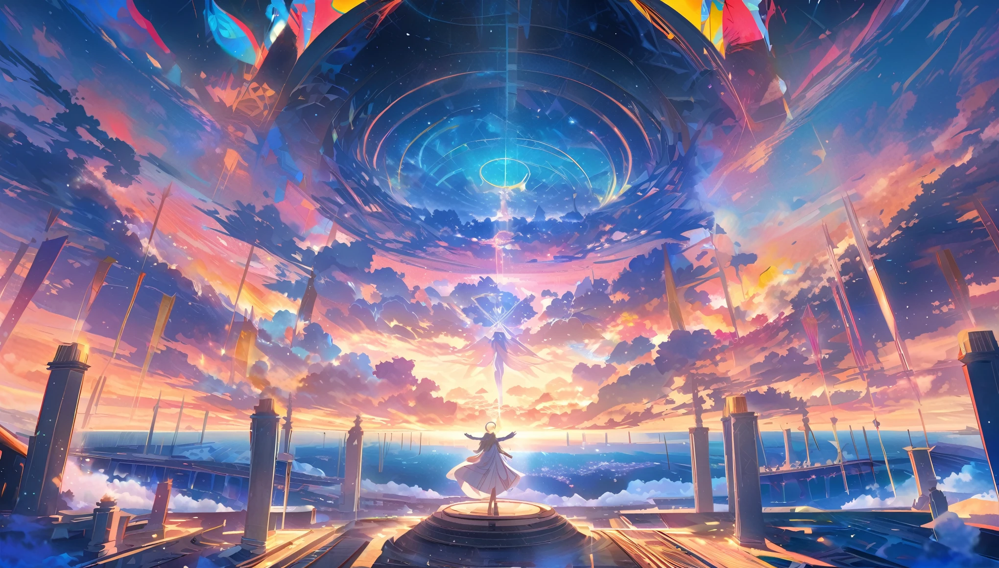 angelic, detailed woman with outstretched arms, woman wearing a robe, a halo of angels above the woman, vast celestial temple with open columns and a floor, floor, sunrise, horizon, in the sky, sea of clouds,colorful,high-res,8K)