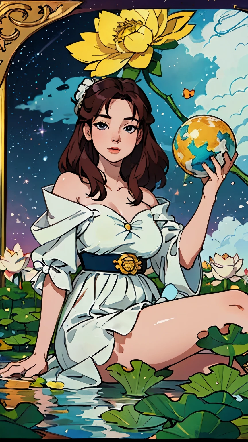 Korean woman, age 29, holding a large globe, ((Sitting in a clear river with many lotus flowers)), ((big star)), Lotus flowers in the stream, ((Sky background with a big globe.)), Clip-in hairstyle, ((Roman frame)), Rainbow off-the-shoulder dress, starry upper tribute, ((On the back there is a large globe on the head.)), clear earth and clouds, cloud frame, Beautiful hands, ((animal head four corners picture)), 