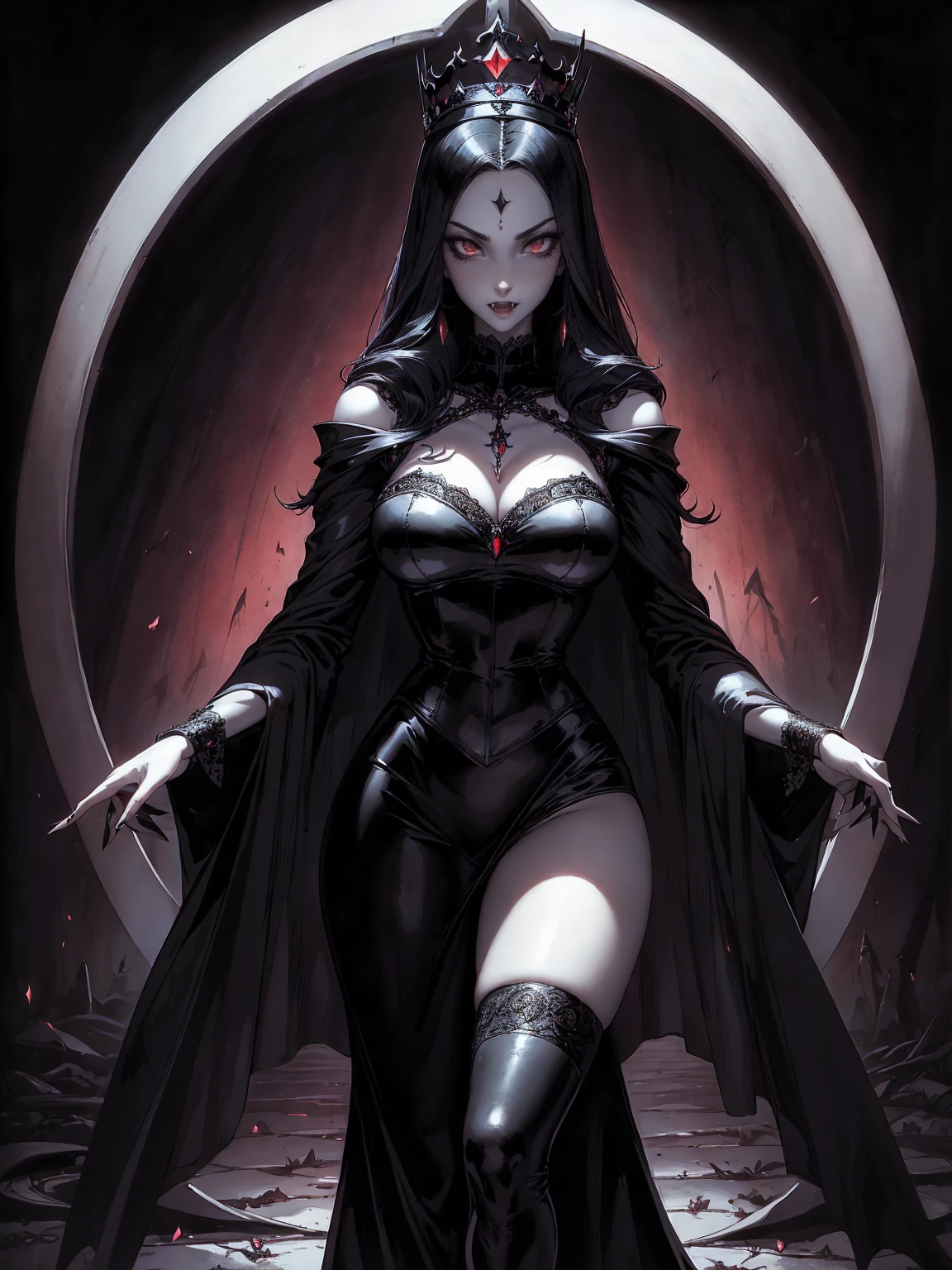 absurdres, ((stunning female Vampire))), goth Renaissance, (long black hair:1.erfect and detailed angular sharp oval shaped face, ((redeyes)), jewelry, red and black tetradic colors, full lips, gothic castle background, (solo), perfect anatomy, approaching perfection, ethereal, intricate details, ultra-high definition, 12k resolution, goth aesthetic, smooth, sharp focus, dreamy, glowing, backlit, glamour, glimmer, fantastical, shadows, smooth, Gothic crown, walking on the ground
