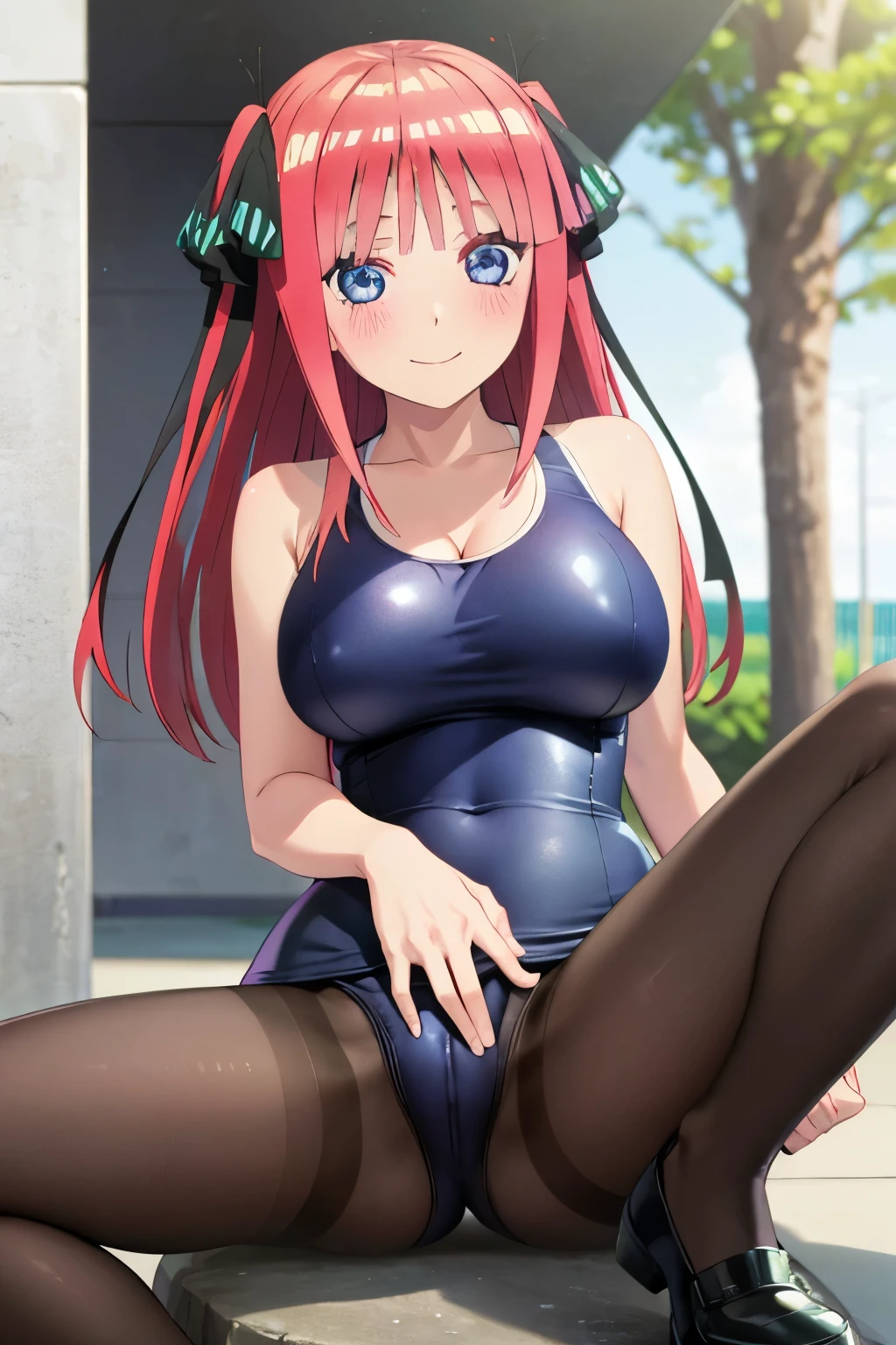 best quality, ultra-detailed masterpiece, anime art style, cute character, nino nakano, large breasts, blush, smile, one-piece swimsuit, pantyhose, pussy focus, open legs