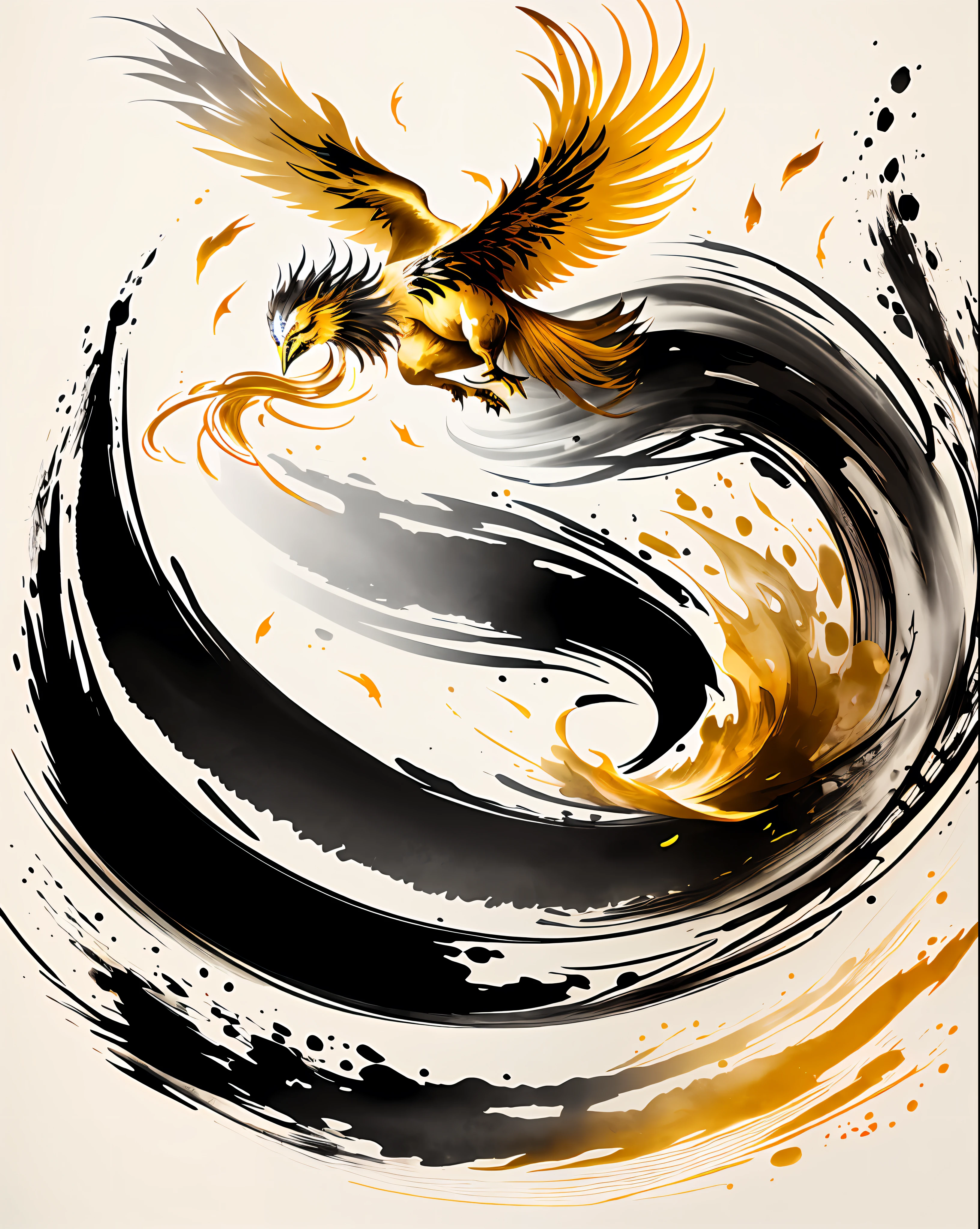 Golden Phoenix, Golden Eyes, Ziddink, monochrome, Ink Sketch, Ocean, wave, (Abstract ink splash:1.4)