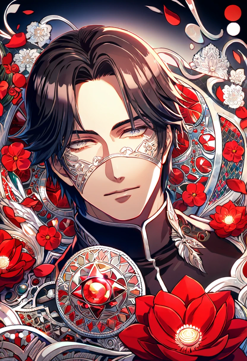 Ultra detailed, Highres, absurdres, HDR, Kogami Shinya, black hair, master piece, expressive silver eyes, Spycho-Pass, red flowers, red ice, petals, extremely handsome, sexy man, perfect face, solo, very detailed eyes and face, red glass, glittering, patterns, black tight shirt, black jacket,