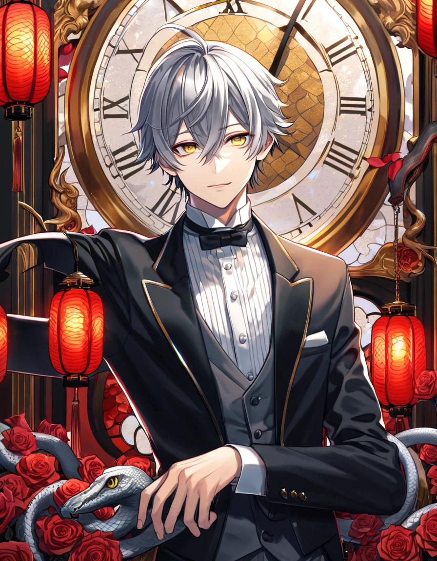 absurdres, highres, ultra detailed, HDR, master piece, best quality, Snake, silver hair, hair between the eyes, expressive yellow eyes, Kuroshitsuji, solo, man, handsome, butler clothes, red roses, red petals, red lanterns, clock