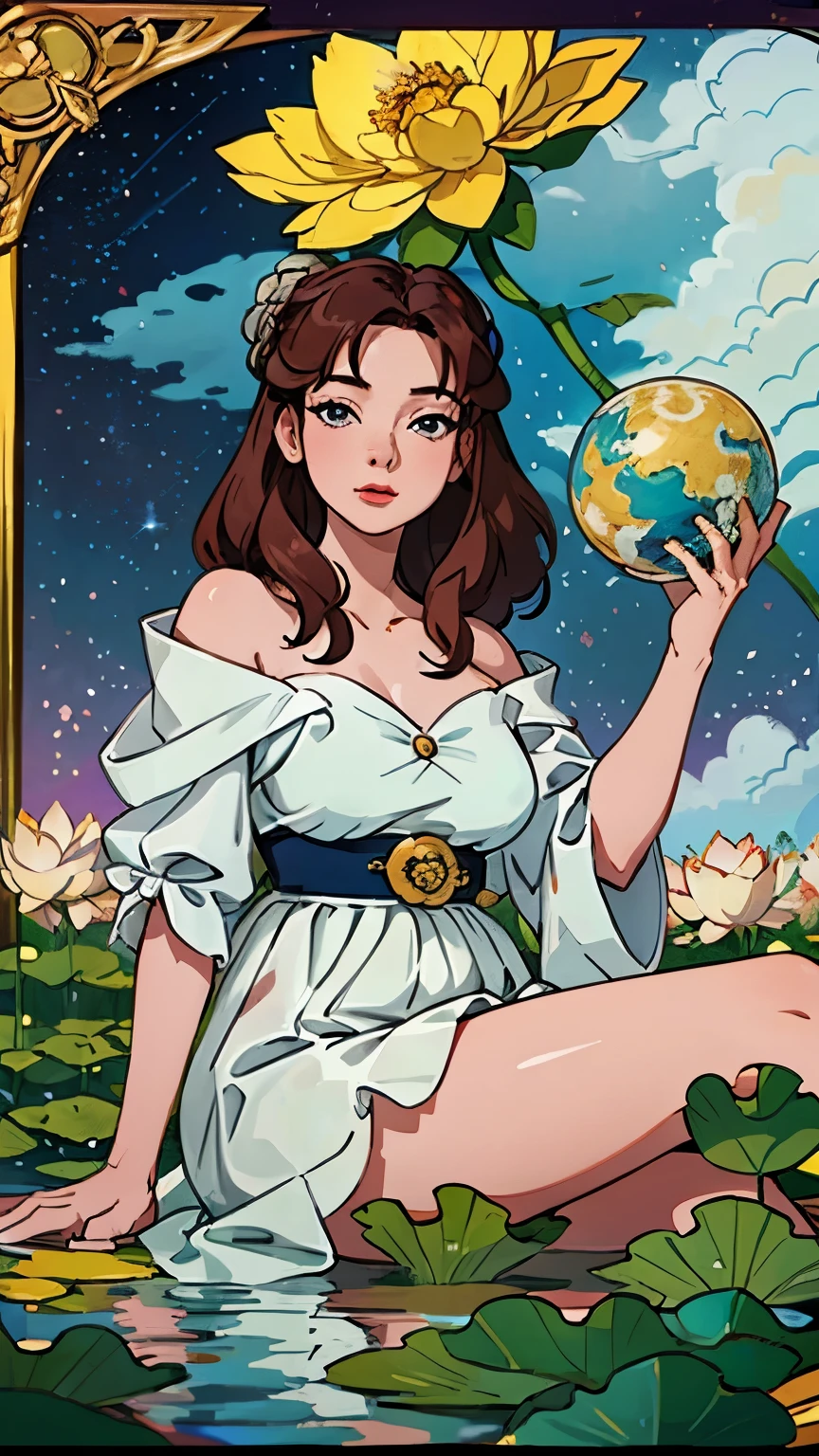 Korean woman, age 29, holding a large globe, ((Sitting in a clear river with many lotus flowers)), ((big star)), Lotus flowers in the stream, ((Sky background with a big globe.)), Clip-in hairstyle, ((Roman frame)), Rainbow off-the-shoulder dress, starry upper tribute, ((On the back there is a large globe on the head.)), clear earth and clouds, cloud frame, Beautiful hands, ((animal head four corners picture)), 