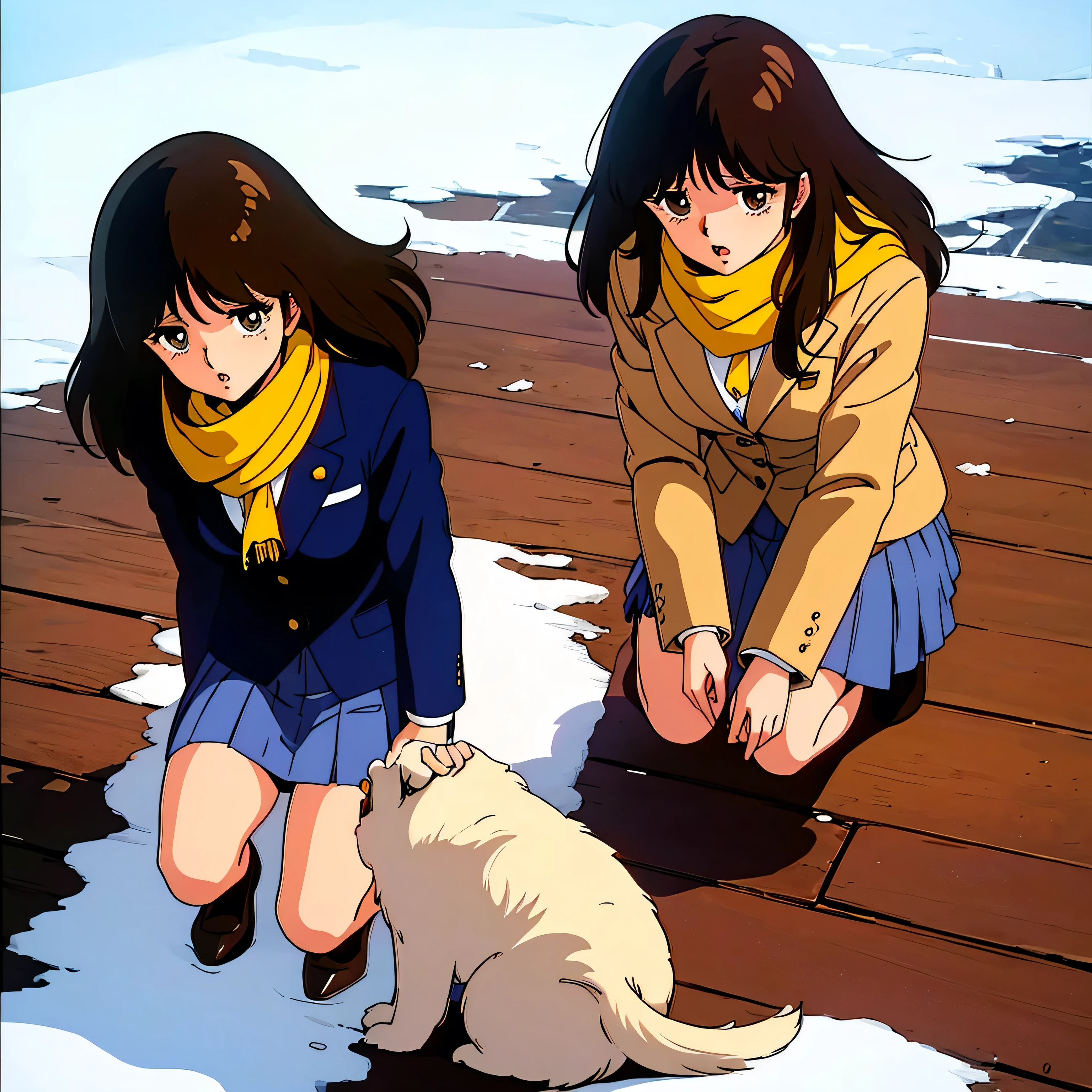 (Masterpiece Anime, One, Retro art style, Clean brush strokes, Very detailed, Perfect Anatomy, Browsing Caution), winter park background, Dead leaves are dancing, (cream_ami, One girl, alone), (Full Body Shot, Watching from above), Eyebrows visible through hair, bangs, Dark brown hair, brown eyes, Eyes are easily depressed (Sansakumaru:1.4), Half-open eyes (Beautiful and detailed:1.2), Looking at the audience, Open your mouth a little,  (Crouching), (Uniform Blazer), (On top of uniform),(Uniform skirt), (Wearing a yellow scarf), (Petting a puppy),