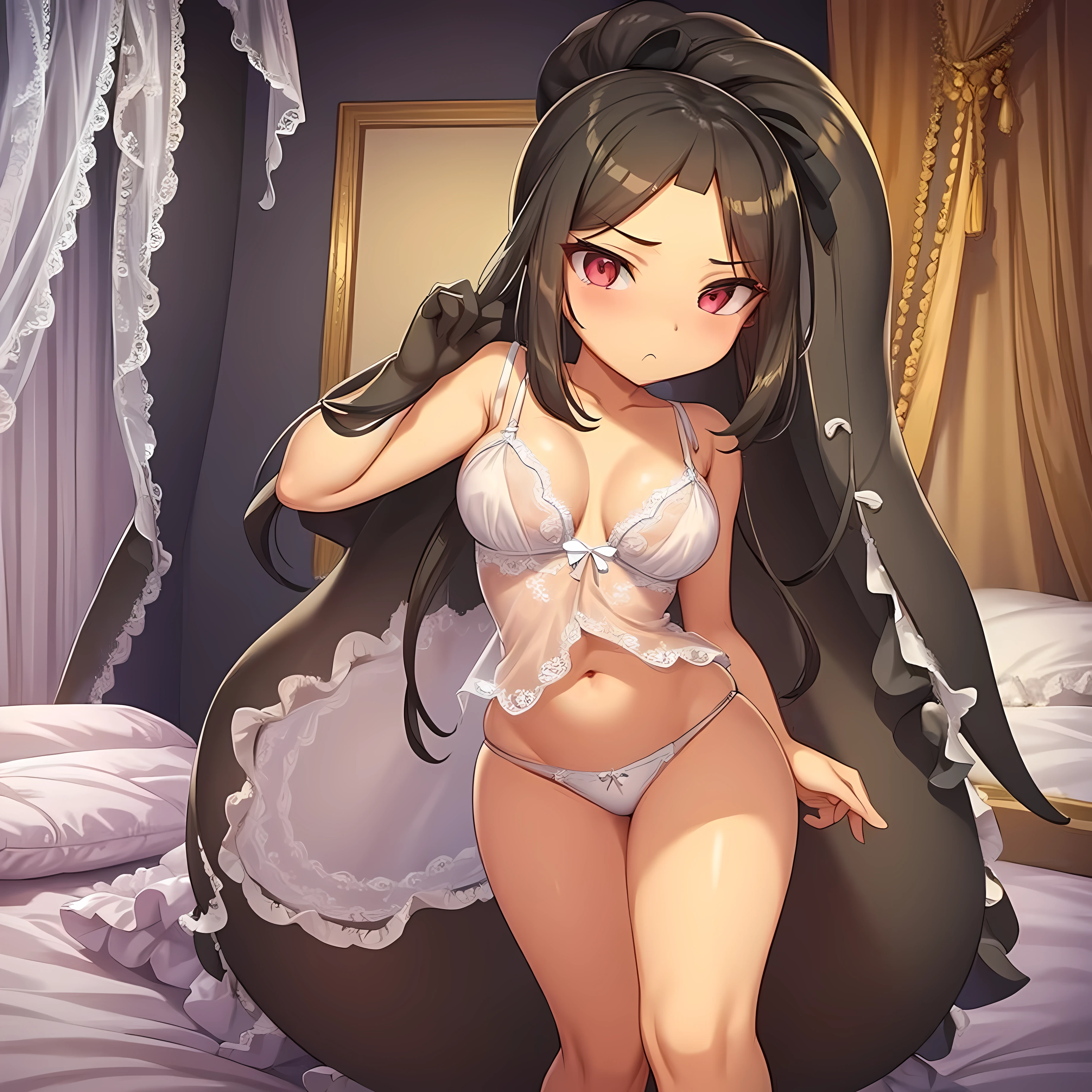masterpiece, best quality, pov, 1girl, solo, mawile, yellow skin, goofy expression, standing, white lace lingerie, skimpy lingerie, in bedroom, midnight, crossed arms,