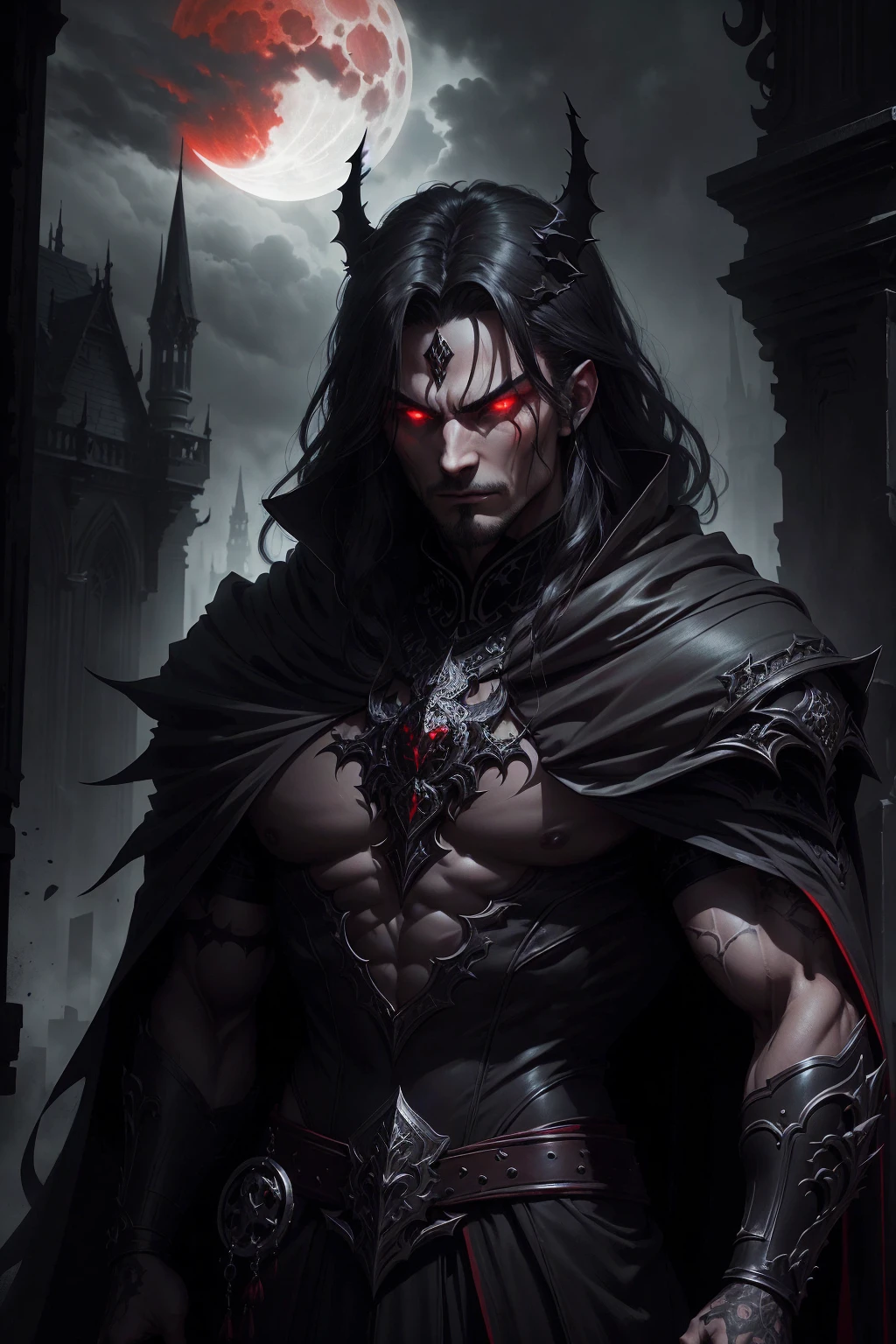 a dark muscular male evil lord, long flowing black hair, black and red cloak, piercing red eyes, menacing expression, powerful aura, standing in a dimly lit chamber,, casting eerie shadows, , adorned with intricate details, with a sinister grin, exuding an aura of darkness, with an intimidating presence, in a gothic castle, with imposing architecture, shrouded in mist, under a blood-red moon, with a storm brewing in the background, creating a foreboding atmosphere, reminiscent of a dark fantasy novel cover, with a dramatic lighting, emphasizing the contrast between light and shadow, evoking a sense of mystery and danger, with a touch of supernatural elements and captivating artistry."