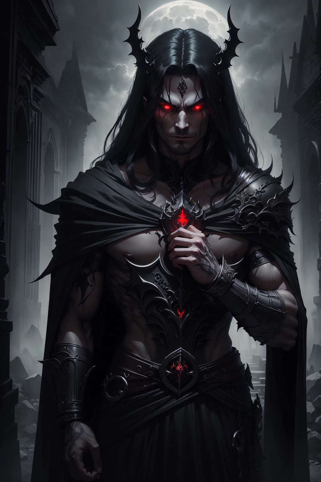 a dark muscular male evil lord, long flowing black hair, black and red cloak, piercing red eyes, menacing expression, powerful aura, standing in a dimly lit chamber,, casting eerie shadows, , adorned with intricate details, with a sinister grin, exuding an aura of darkness, with an intimidating presence, in a gothic castle, with imposing architecture, shrouded in mist, under a blood-red moon, with a storm brewing in the background, creating a foreboding atmosphere, reminiscent of a dark fantasy novel cover, with a dramatic lighting, emphasizing the contrast between light and shadow, evoking a sense of mystery and danger, with a touch of supernatural elements and captivating artistry."