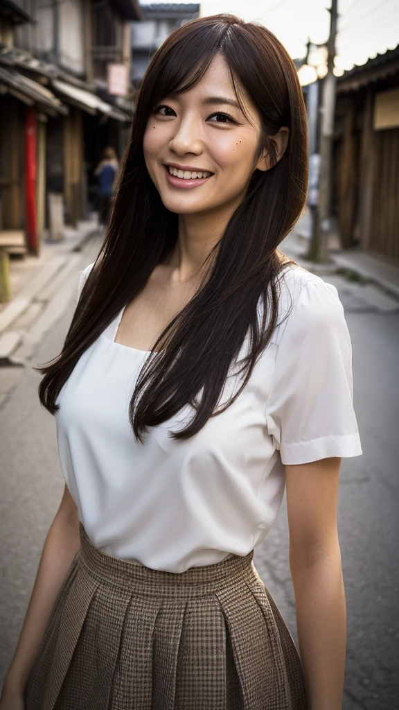 ((Top Quality)), ((8K)), ((Masterpiece: 1.3)), (Perfect Appearance), (Photorealism: 1.6), (Japanese woman standing in an old Japanese townscape: 1.6), (Kyoto), (clear background), japanese woman, (48 years old), ((Standing upright, facing forward, center of screen)), ((Realistic skin texture)), (Fine wrinkles throughout the skin: 1.3), (Dull skin: 1.1), (Skin without moisture: 1.2) , (Wrinkles on the face: 0.9), (Wrinkles on the corners of the eyes: 1.2), Double eyelids, tear bags on the lower eyelids, (Crying moles: 0.9), The eyes are looking here, serious gaze, (Dimples: 1.2), smile with the corners of the mouth raised wide, straight medium length, soft fabric blouse, (through white blouse: 1.3), (Plump and glamorous body), (wide sleeves), (Cuffs that fit your wrist), (The hem of the blouse is tucked into the skirt: 1.2), flare skirt, high heels, (focus on upper body: 1.3), (low angle: 1.4),