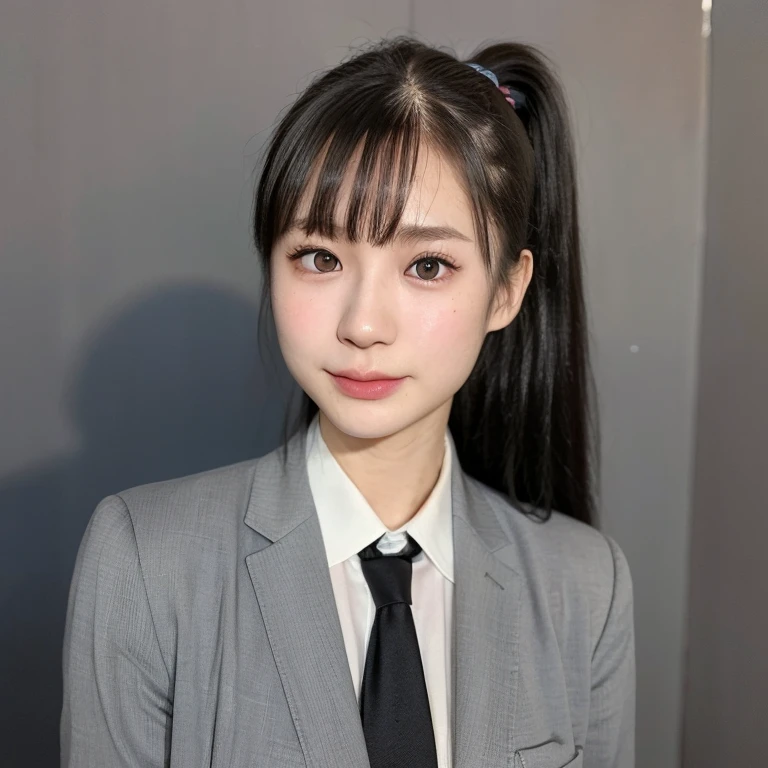 (kawaii 24 year-old Japanese girl, Nogizaka idol, Korean idol), (glossy black hair, high ponytail, bangs:1.3), (ponytail must be down behind the neck:1.5), (deep black eyes, rounded face, single eyelid, no makeup, soft smiling:1.2), (wearing dark blue suit jacket, collared shirt, necktie:1.3), (extra small breasts:0.9), (facing straight at camera:1.2), BREAK, (simple grey background, yearbook background:1.3), (id photo, bust shot, view from straight forward:1.3), BREAK, (masterpiece, best quality, photo realistic, official art:1.4), (UHD, 8K quality wallpaper, high resolution, raw photo, golden ratio:1.3), (shiny skin), professional lighting, physically based rendering, award winning, (highly detailed skin, extremely detailed face and eyes), Carl Zeiss 85 mm F/1.4, depth of field, 1girl, solo,