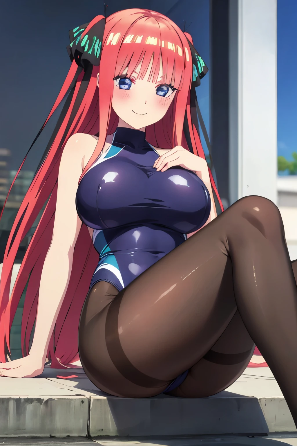 best quality, ultra-detailed masterpiece, anime art style, cute character, nino nakano, large breasts, blush, smile, one-piece swimsuit, pantyhose, pussy focus, open legs