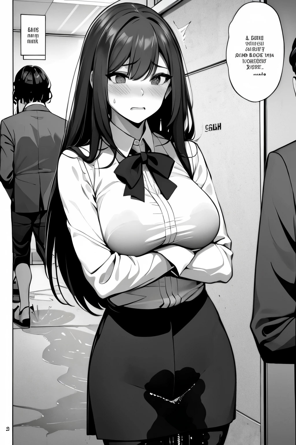 A woman with very long (black hair:1.5) and very long bangs, wearing a business outfit consisting of a suit, pencil skirt, and pantyhose, stands in a monochrome setting. The artwork is inspired by manga and incorporates a doujin style. The woman appears to be (wetting herself:1.5), which causes her to feel embarrassed and humiliated, resulting in a blush on her face. In addition, there is an air of anger in her expression. The lighting in the scene is moody, with a spotlight highlighting the woman's figure. She is crossing her arms, (arms crossed:1.5), fully showcasing her skirt., medium breasts