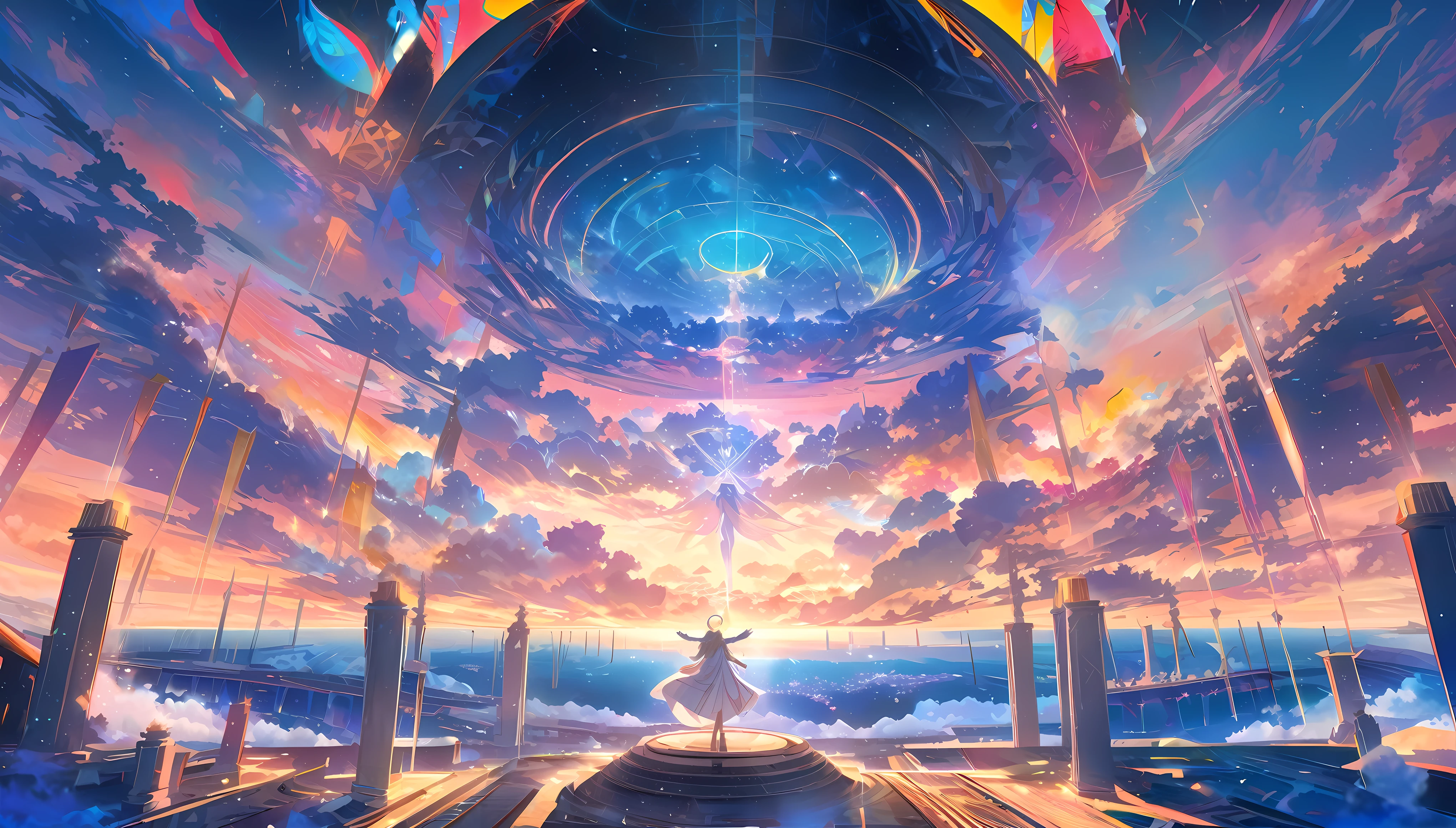 angelic, detailed woman with outstretched arms, woman wearing a robe, a halo of angels above the woman, vast celestial temple with open columns and a floor, floor, sunrise, horizon, in the sky, sea of clouds,colorful,high-res,8K)