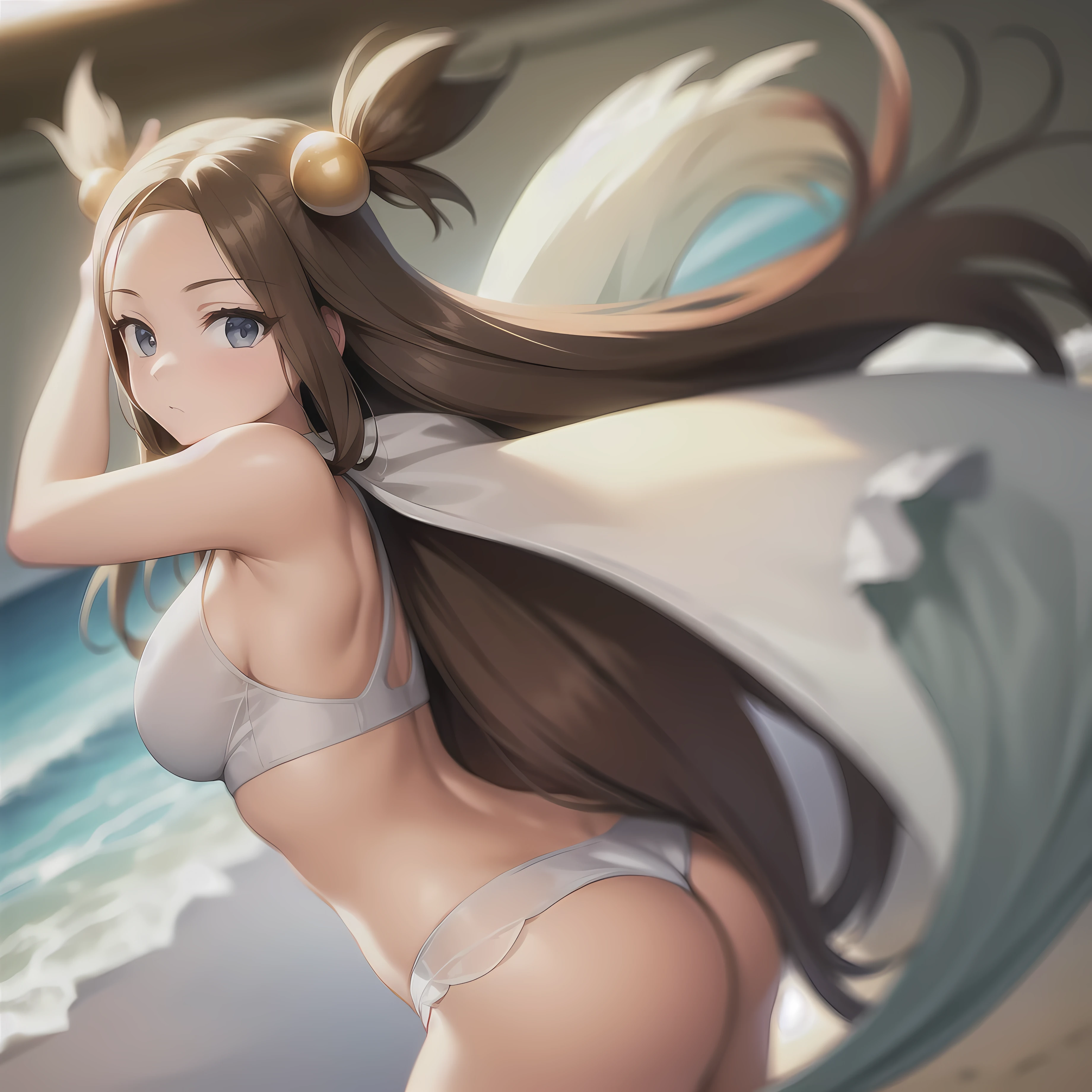 masterpiece, best quality, pov, 1girl, solo, jasmine \(pokemon\), surprised, embarassed, standing, on the beach, noon, crossed arms,