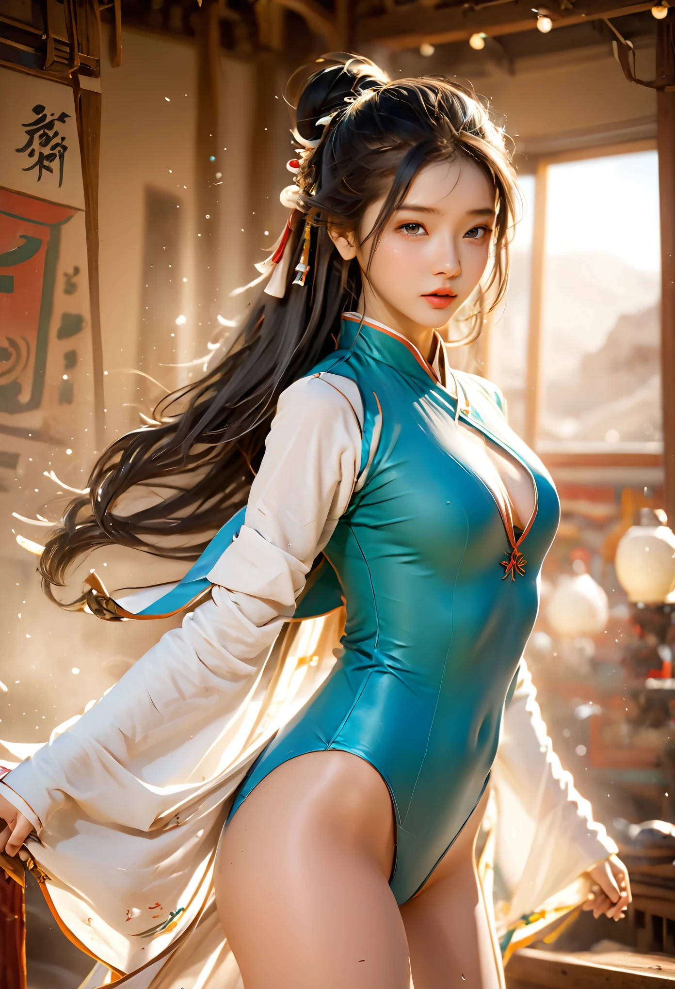 (original photo, best quality), (Practical, photo-Practical:1.3),best quality,Very detailed,masterpiece,Super detailed,illustration,1 Girl,superior_Body,Dynamic Angle,world masterpiece theater,messy_long_hair,best quality,Extremely detailed CG Unity 8K wallpaper,ink,Astonishing,Movie Lighting,lens_Flare,,Dunhuang_style