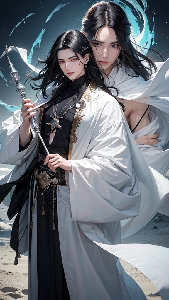 man, effeminate face, sorcerer, teacher, long smooth black hair, large black eyes, very light pale skin, silver eyes,
Japanese , oriental, desert, marble castle, detailed face, detailed eyes, detailed hair, greenery, water magic,
full body, desert greenery, desert plant, wind, magic wand, Arab city.