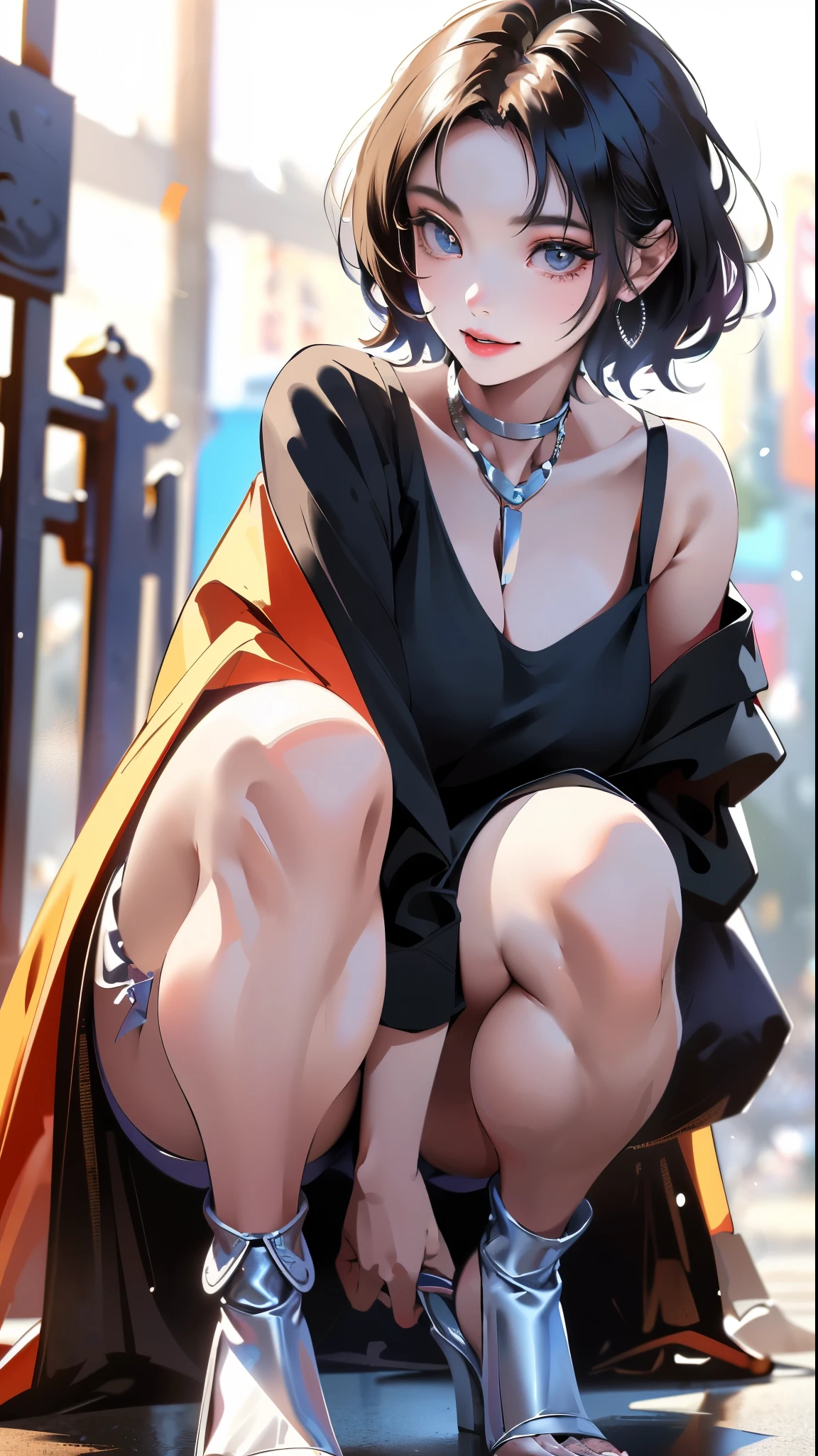 (Best quality, 8k, 32k, Masterpiece, UHD:1.2),Photo of Pretty Japanese woman,black short hair,beauty face,(leaning forward:1.3),squatting,(from above:1.2),(close up:1.4),pov,,looking at another,smile, loose t-shirt,large breasts,beautiful nipple slip,outdoors,windy,shiny skin,blurry background
