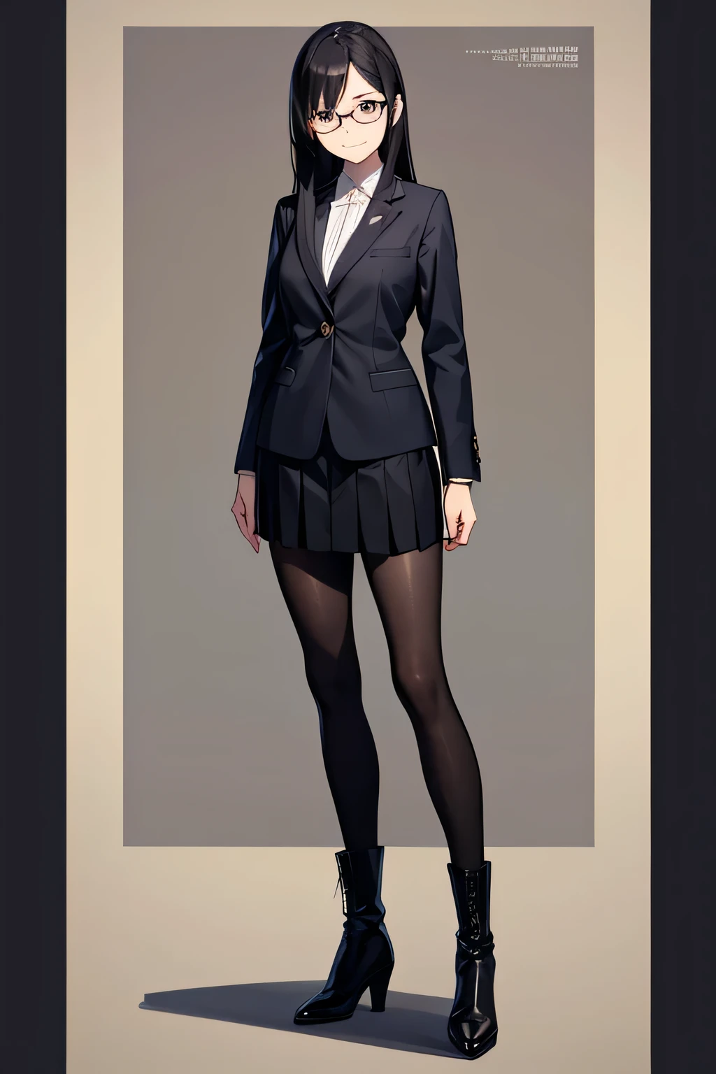 Anime Art、Full body portrait、A Japanese female investigator, standing upright, about 175cm tall, around 45 years old, wearing a dark suit and suit skirt.、Medium long black hair、Smiling、Black Stockings、Black-rimmed glasses、watch、boots