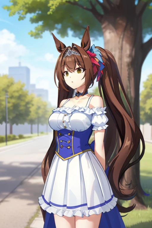 1 girl,Browsing Caution,(((Large Machine-Made Choker))),(Horse Girl), hair ornaments, high,Huge breasts, clavicle,Absurd, brainwashing,Hollow Eyes, ((Expressionless,Emotional erasure)),whole body像,((stand up, Standing still)), (highest quality、4K、8k、High resolution、Must have:1.2)、Very detailed、(reality、It is realistic.、Realistic:1.37)、Ticker、Hyper HD、Studio Lighting、Ultra High Definition Paint、Sharp focus、Physically Based Rendering、Extreme Detail、Professional specifications、Vibrancy and color、Blurred、Sports portrait、landscape、Horror Style、Anime Big Tits、SF、photograph、Concept Artist、Five Fingers, Perfect body, {{{masterpiece}}}, {{{highest quality}}}, {{Very detailed}}, {shape}, {{Very delicate and beautiful}},Improved cost performance、All Roles、Canon 5D MK4でphotograph、photograph, whole body、White background、Twin tails、Hanging eyes, arms at sides, empty eyes,hollow eyes,hypnosis,@_@,coin on string、Tree Eyes
