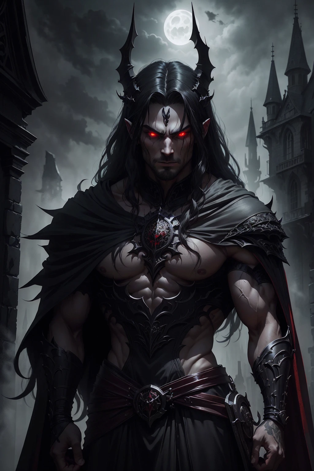 a dark muscular male evil lord, long flowing black hair, black and red cloak, piercing red eyes, menacing expression, powerful aura, standing in a dimly lit chamber,, casting eerie shadows, , adorned with intricate details, with a sinister grin, exuding an aura of darkness, with an intimidating presence, in a gothic castle, with imposing architecture, shrouded in mist, under a blood-red moon, with a storm brewing in the background, creating a foreboding atmosphere, reminiscent of a dark fantasy novel cover, with a dramatic lighting, emphasizing the contrast between light and shadow, evoking a sense of mystery and danger, with a touch of supernatural elements and captivating artistry."
