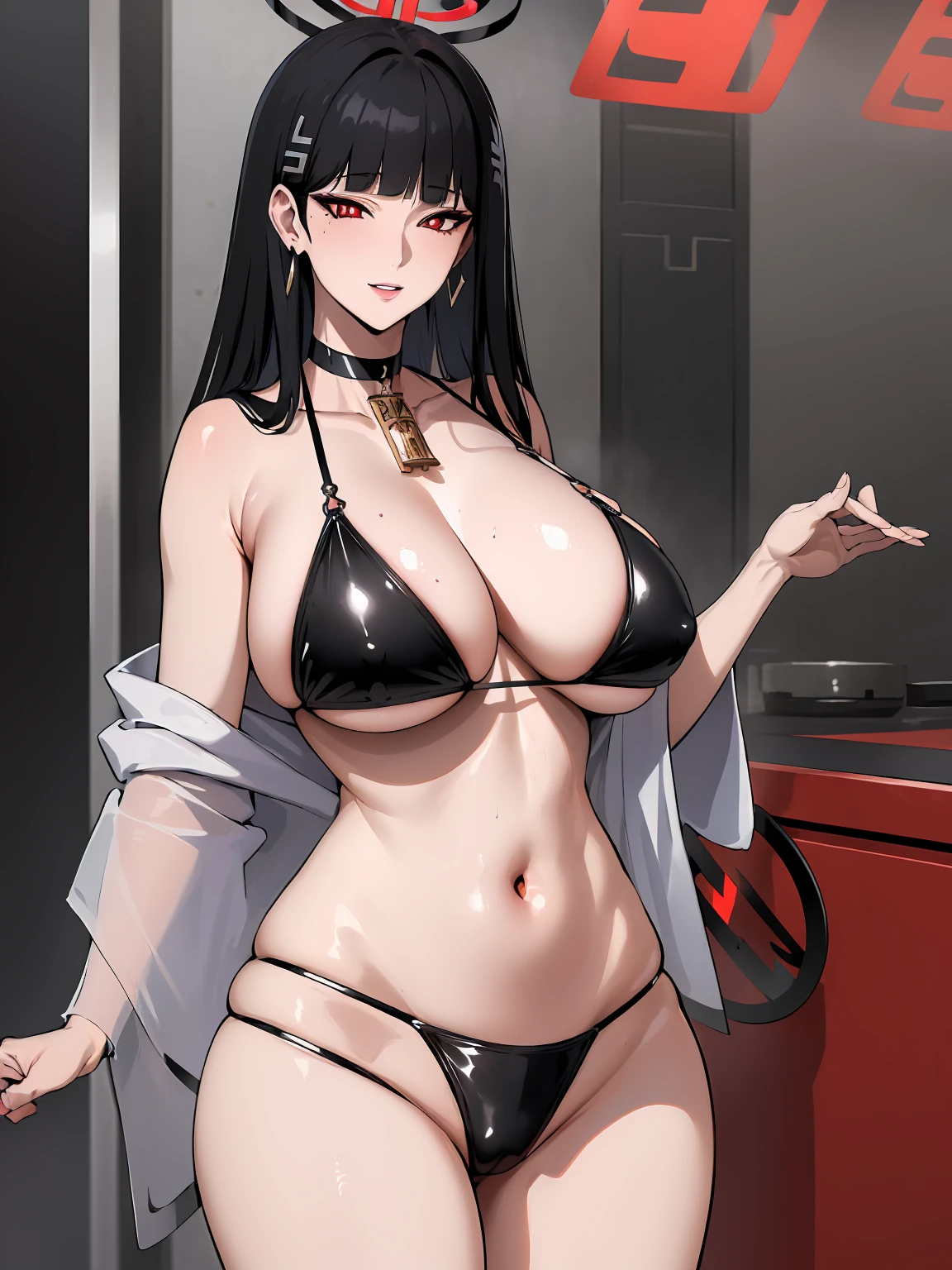 (((absurdres))), (((masterpiece))), (((best quality))), ((ultra-detailed)), ultra high quality, realistic, (real picture, intricate details, depth of field), ((((1girl, solo)))), make up, parted lips, highly-detailed, perfect face, (((mature woman, milf, skindentation))), ((huge breasts, wide hips, toned abdomen)), tall, glossy lips, sexy, blushing, ((black hair hair, blunt bangs, long hair)), ((beautiful red eyes)), ((earrings, hairpin, halo, hair ornaments, choker)), (((black bikini))), smile,