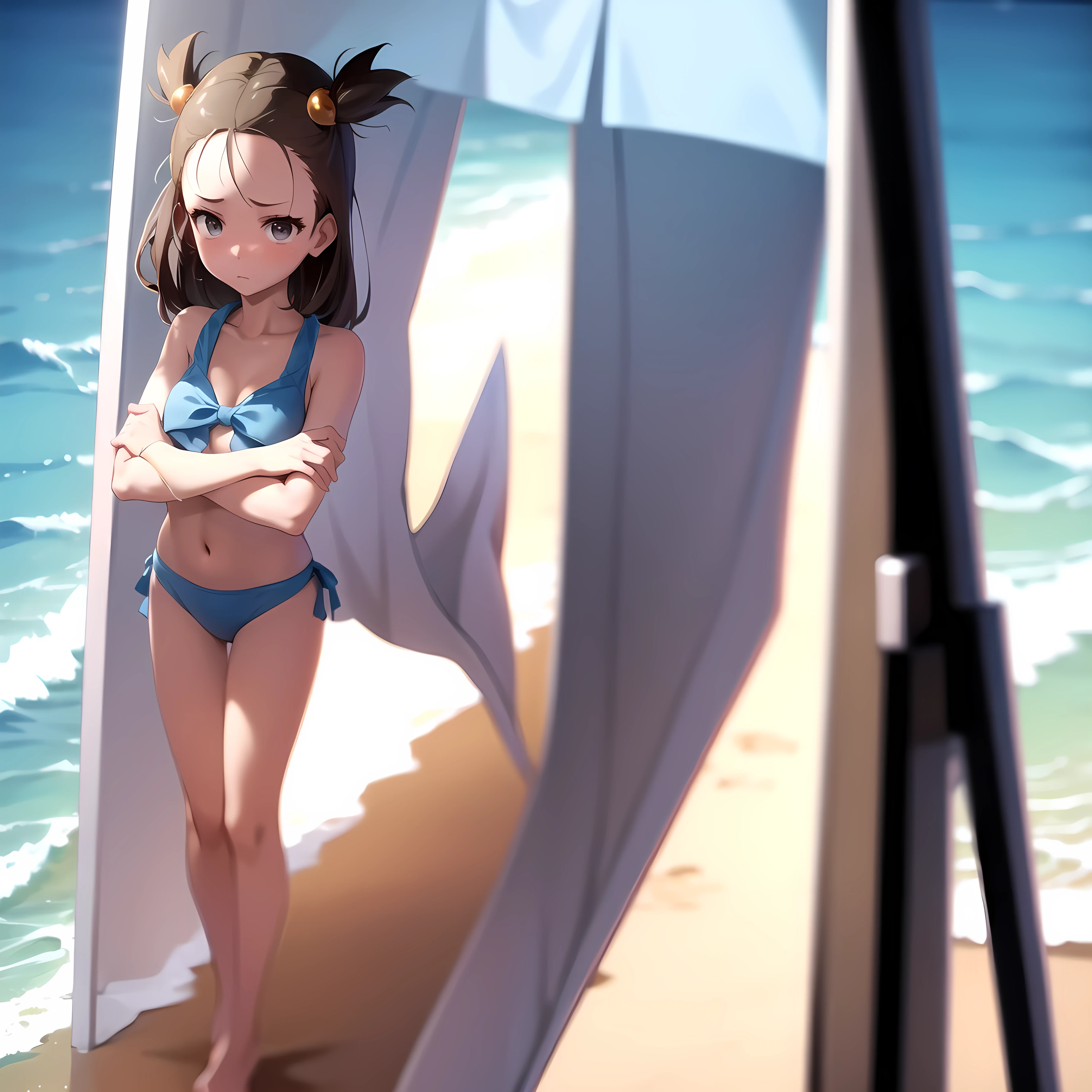 masterpiece, best quality, pov, 1girl, solo, jasmine \(pokemon\), surprised, embarassed, standing, on the beach, noon, crossed arms,