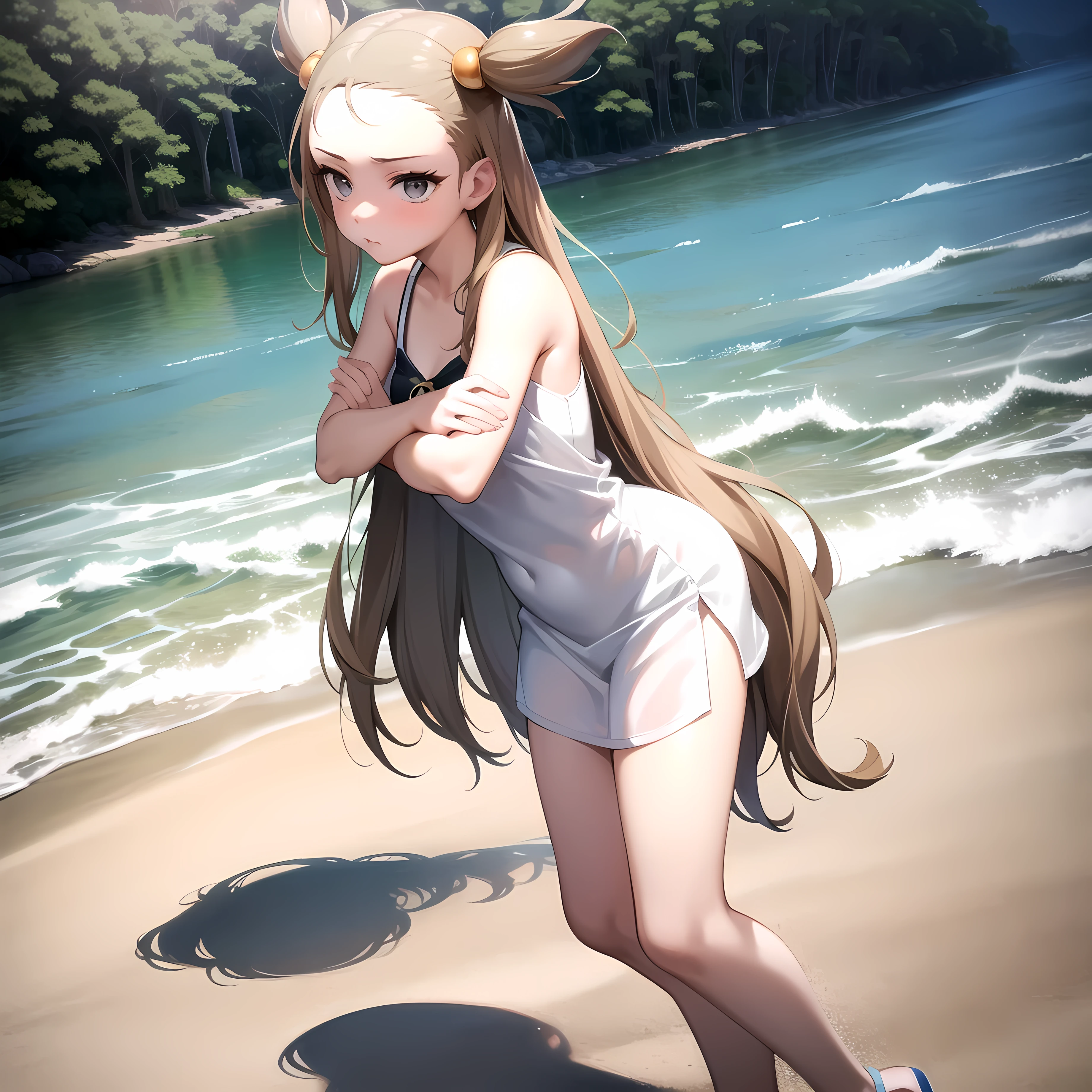 masterpiece, best quality, pov, 1girl, solo, jasmine \(pokemon\), pouting, standing, on the beach, noon, crossed arms,