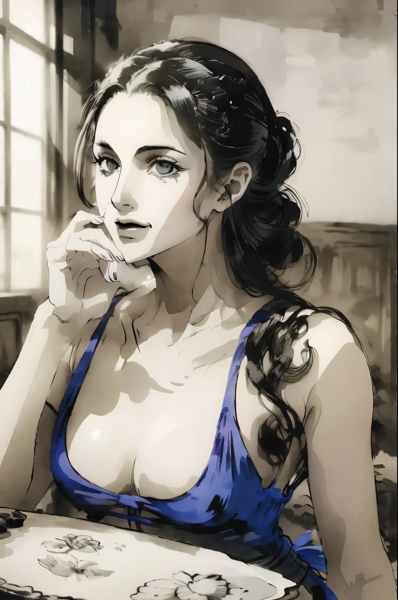 black and white tones:1.3, masterpiece, best quality, tradition chinese ink watercolor paintings:1.2, use thick and light inks to create light and dark changes and layers, a beautiful 20s french model, ultra detailed face