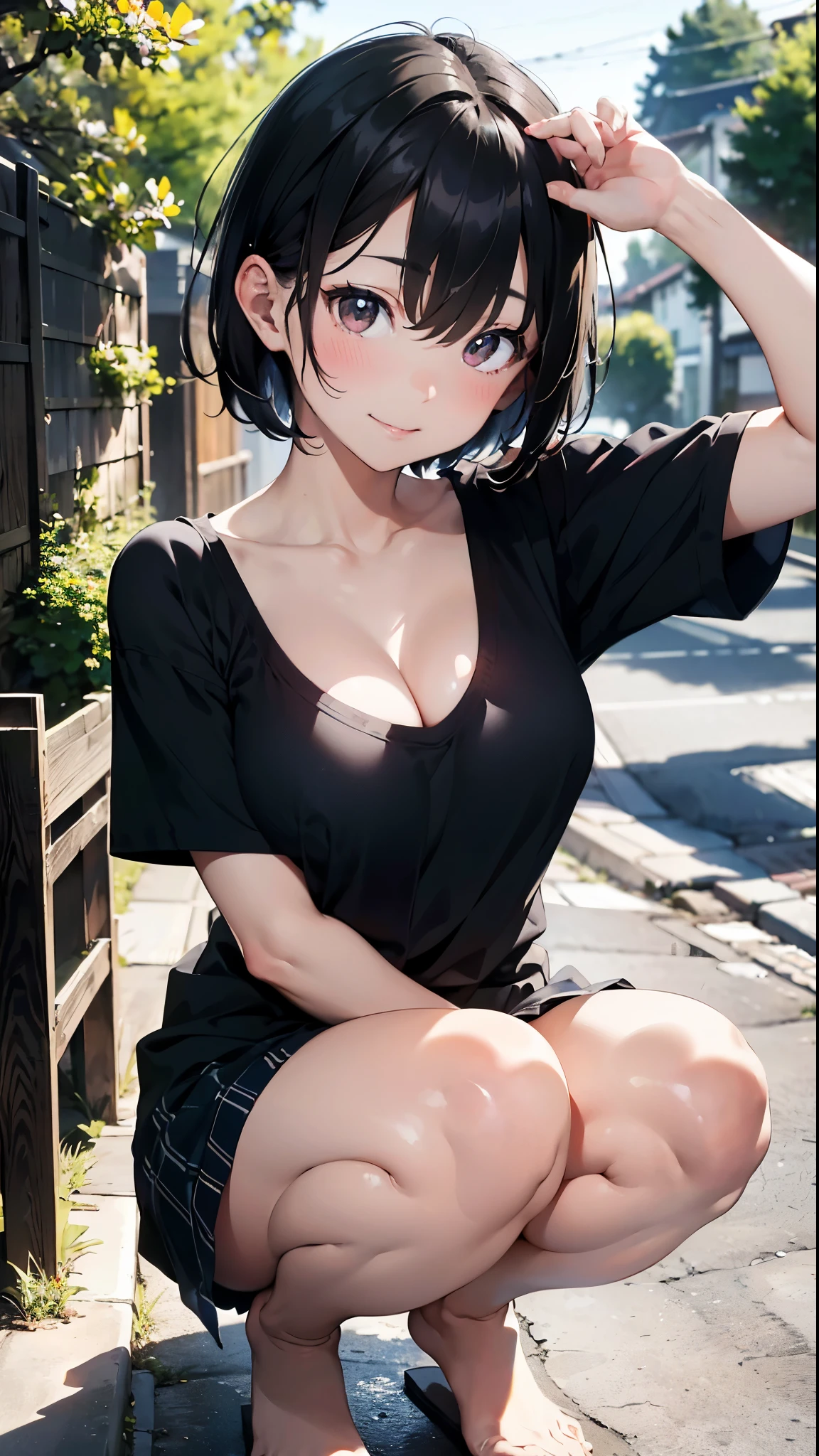 (Best quality, 8k, 32k, Masterpiece, UHD:1.2),Photo of Pretty Japanese woman,black short hair,beauty face,(leaning forward:1.3),squatting,(from above:1.2),(close up:1.4),pov,,looking at another,smile, loose t-shirt,large breasts,beautiful nipple slip,outdoors,windy,shiny skin,blurry background